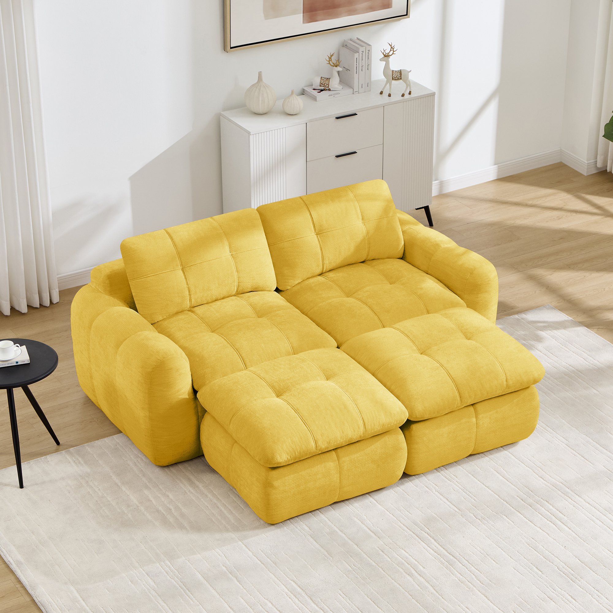 Canapé 2 places 194x160x68 cm, format nuage sans cadre avec 2 ottomans, poids total 50 kg, livraison en 4 colis prêts à l'emploi
