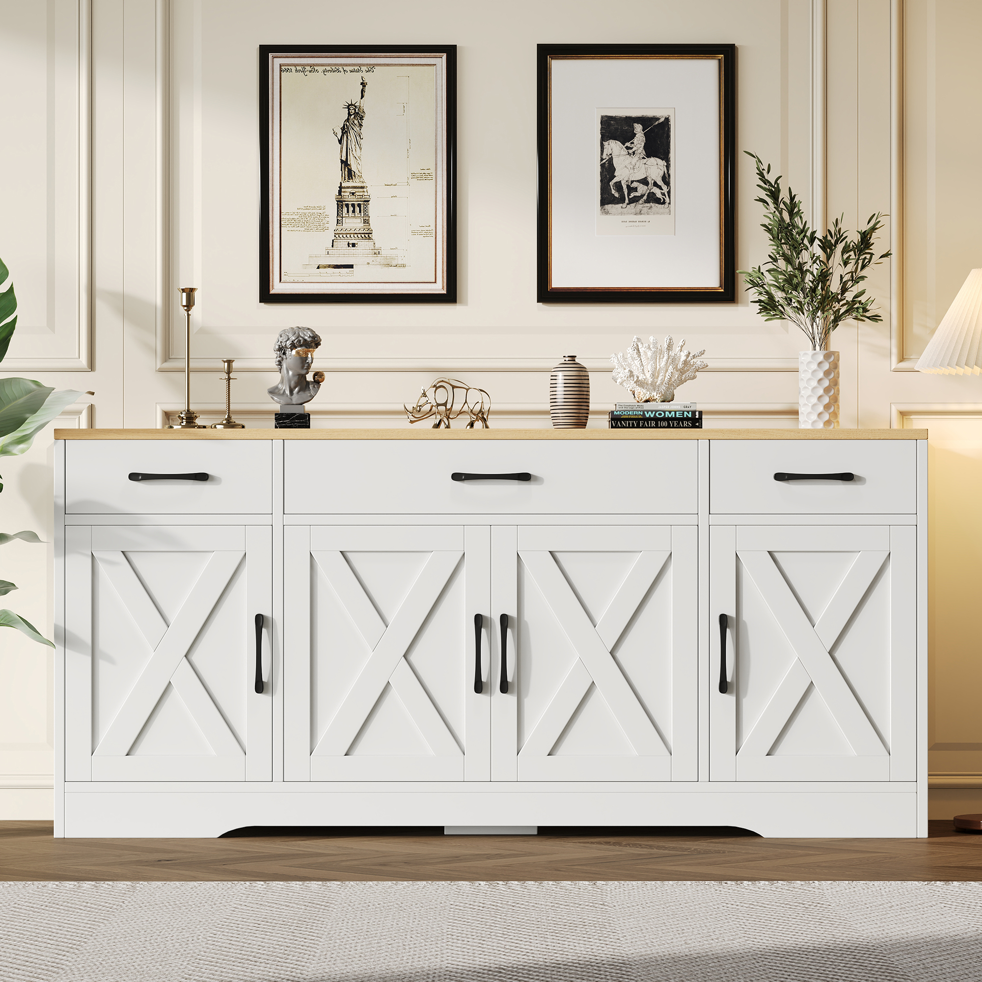 Buffet Blanc Moderne 160x37x75 cm, Meuble Rangement avec 3 Tiroirs Silencieux et 4 Portes pour Cacher Câbles TV et Routeur