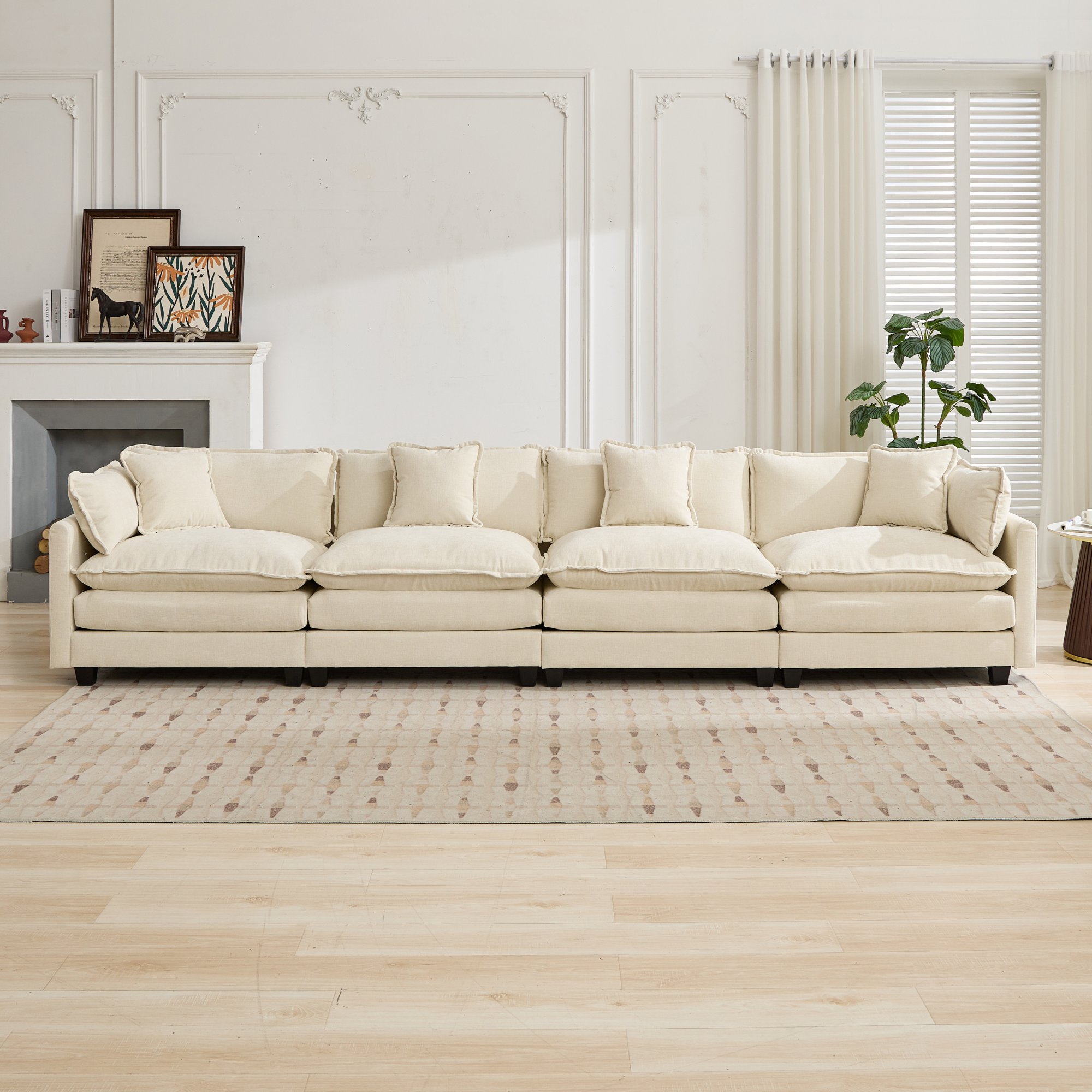 Canapé 4 places en chenille beige à monter soi-même, canapé modulable et confortable pour appartement et salon