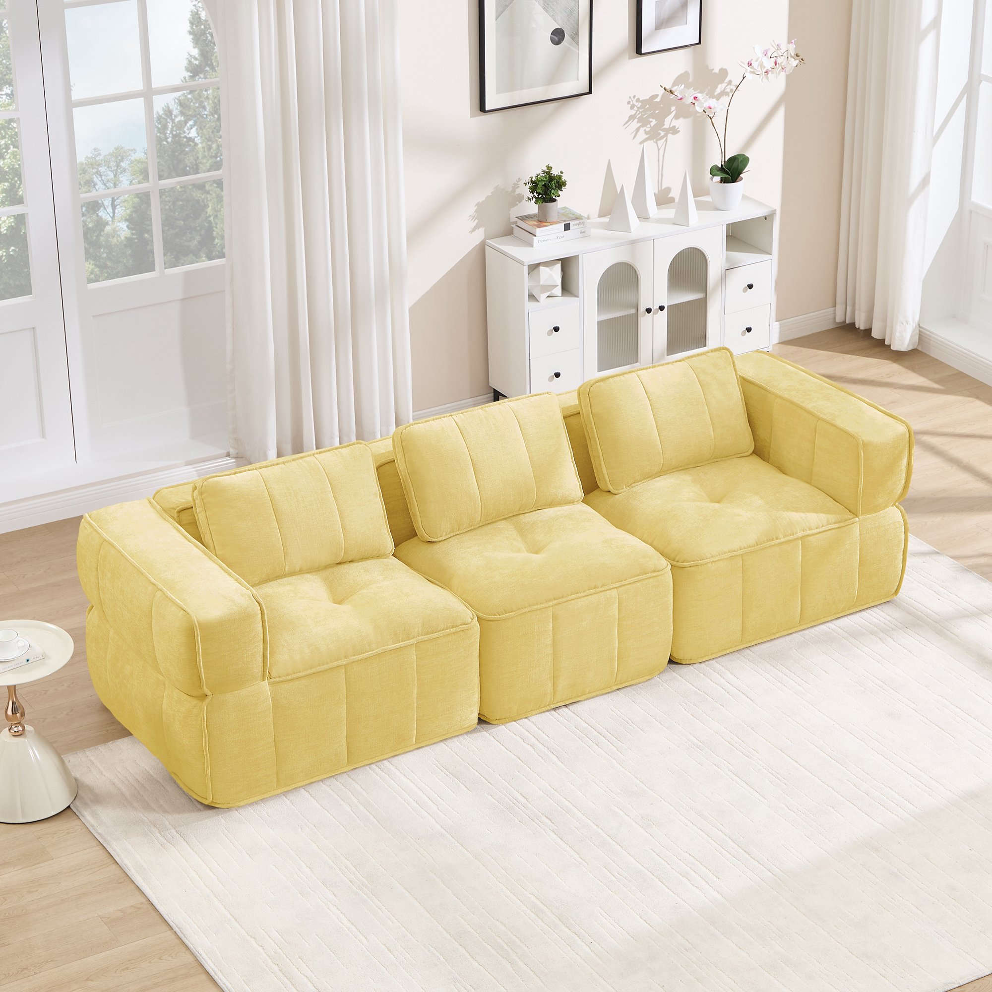 Canapé Modulable 3 Places Jaune en Tissu Polyester, Mousse Haute Densité 32D, Sans Structure et Anti-Dérapant pour Salon Moderne