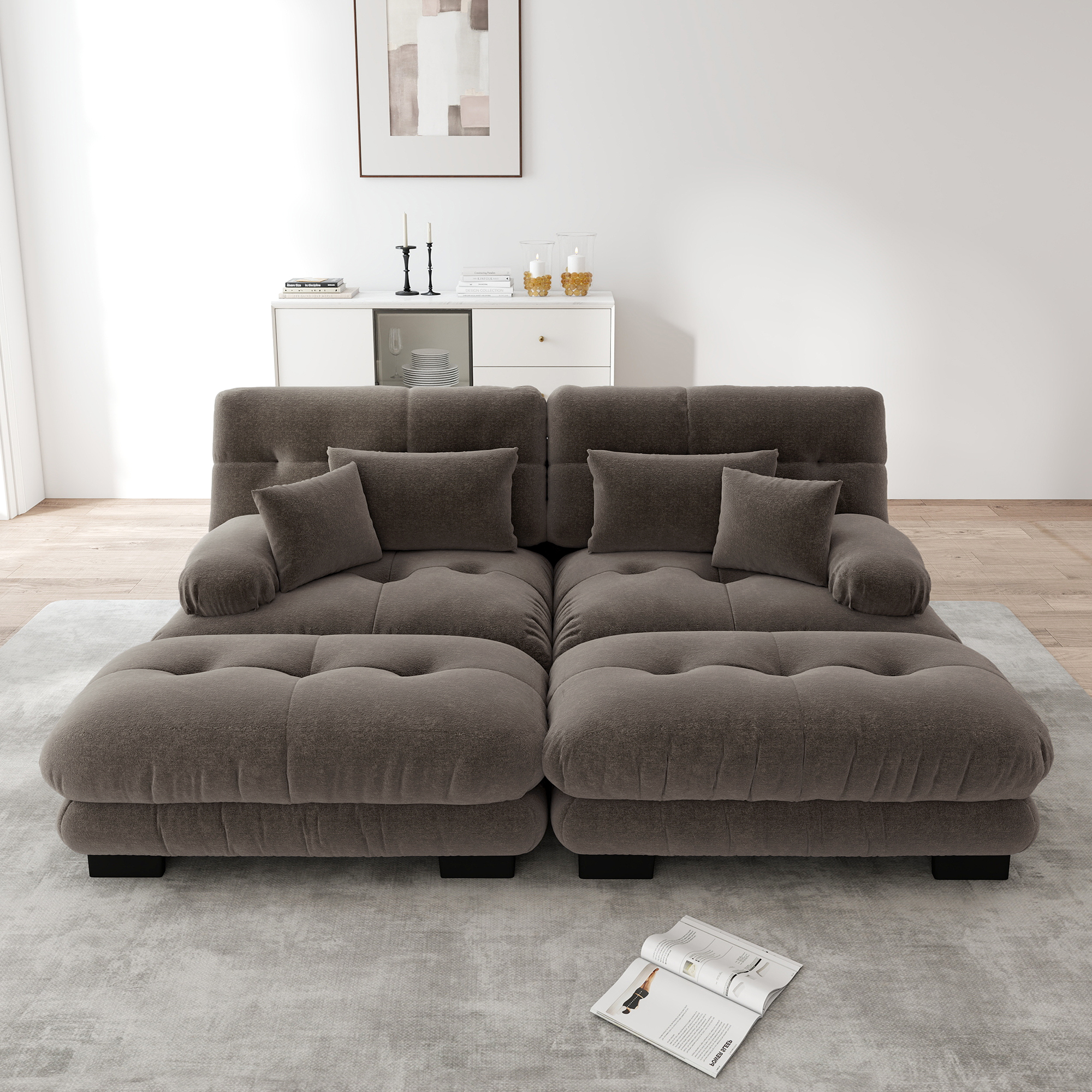 Canapé d'angle modulable en chenille marron avec 2 ottomans et coussins, grand salon contemporain 220x145 cm