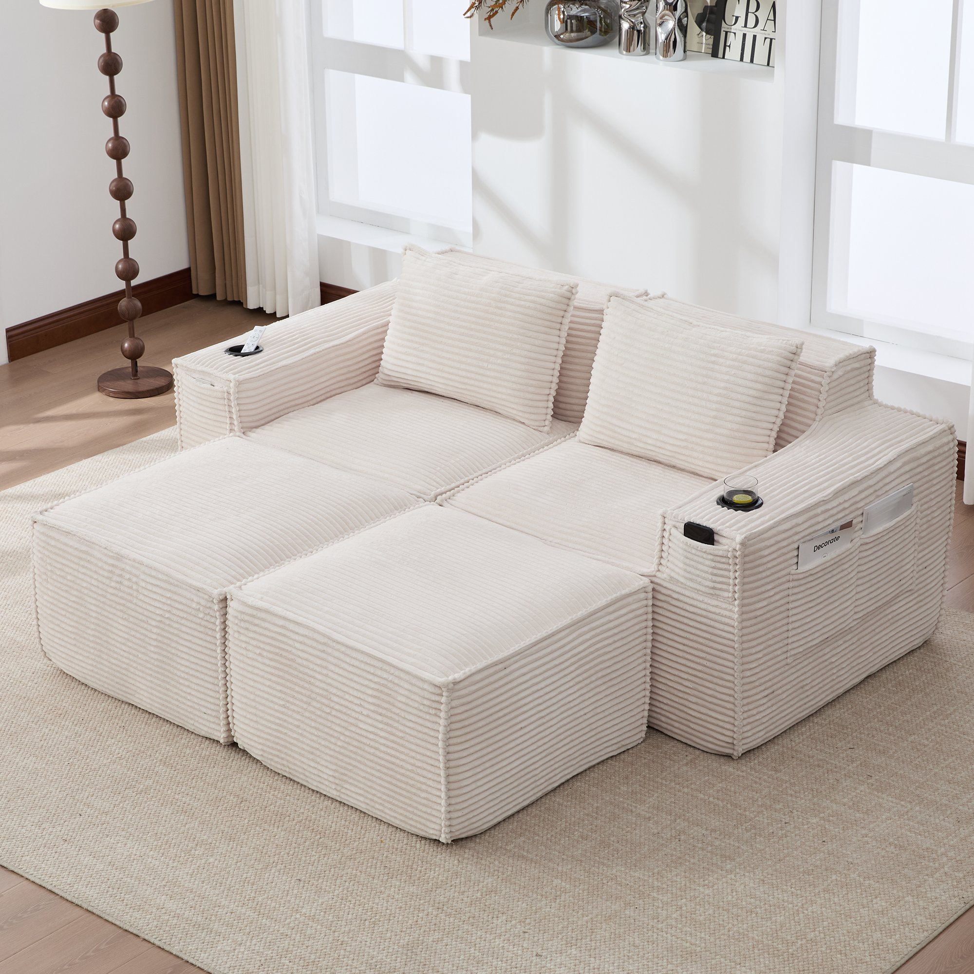 Ensemble Canapé Modulable Beige Corduroy avec Poches Latérales et Porte-Verres, Sans Outils, Pour Salon ou Balcon Couvert