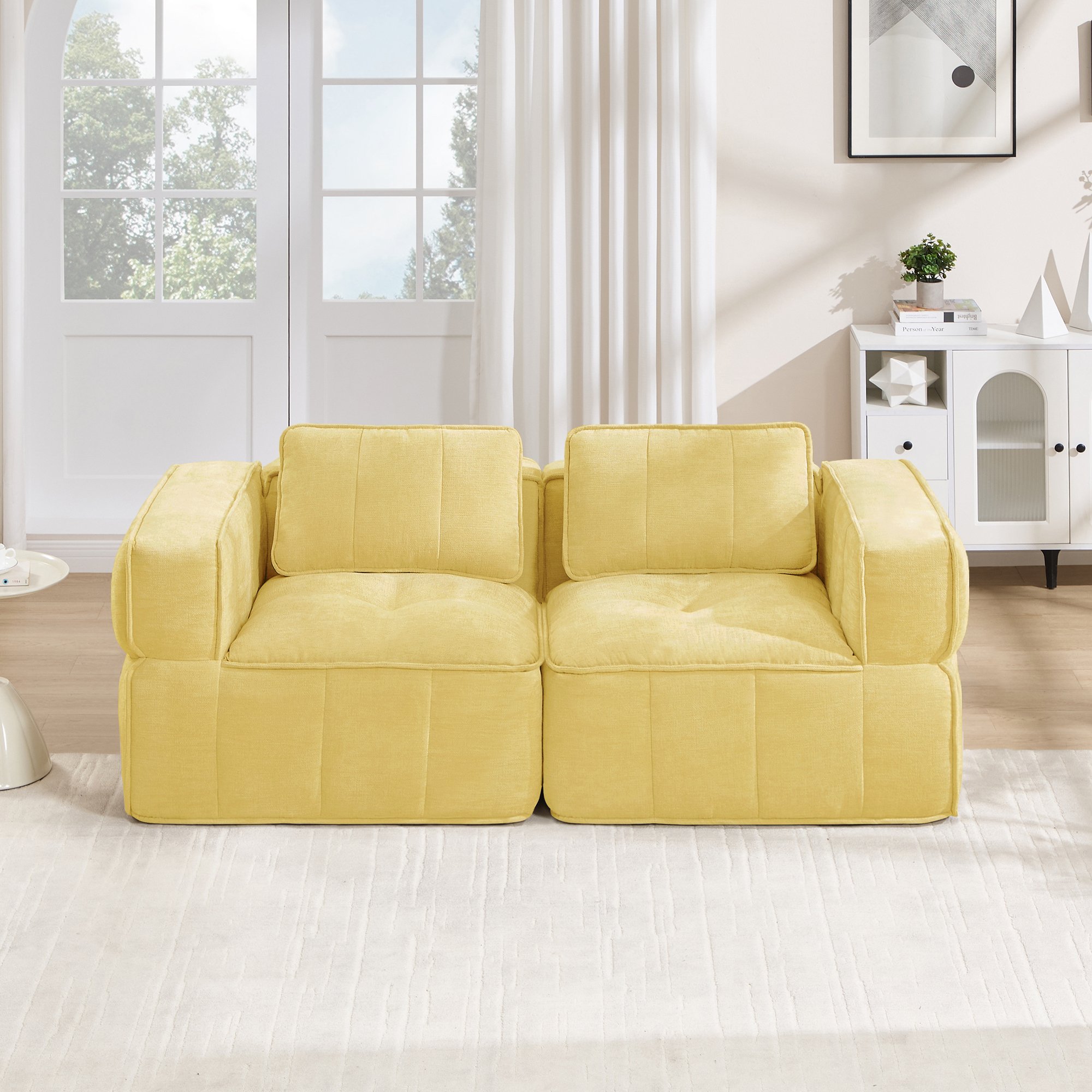 Canapé 2 places en tissu polyester jaune, structure sans cadre avec mousse haute densité, dimensions 198x93x67 cm pour intérieur