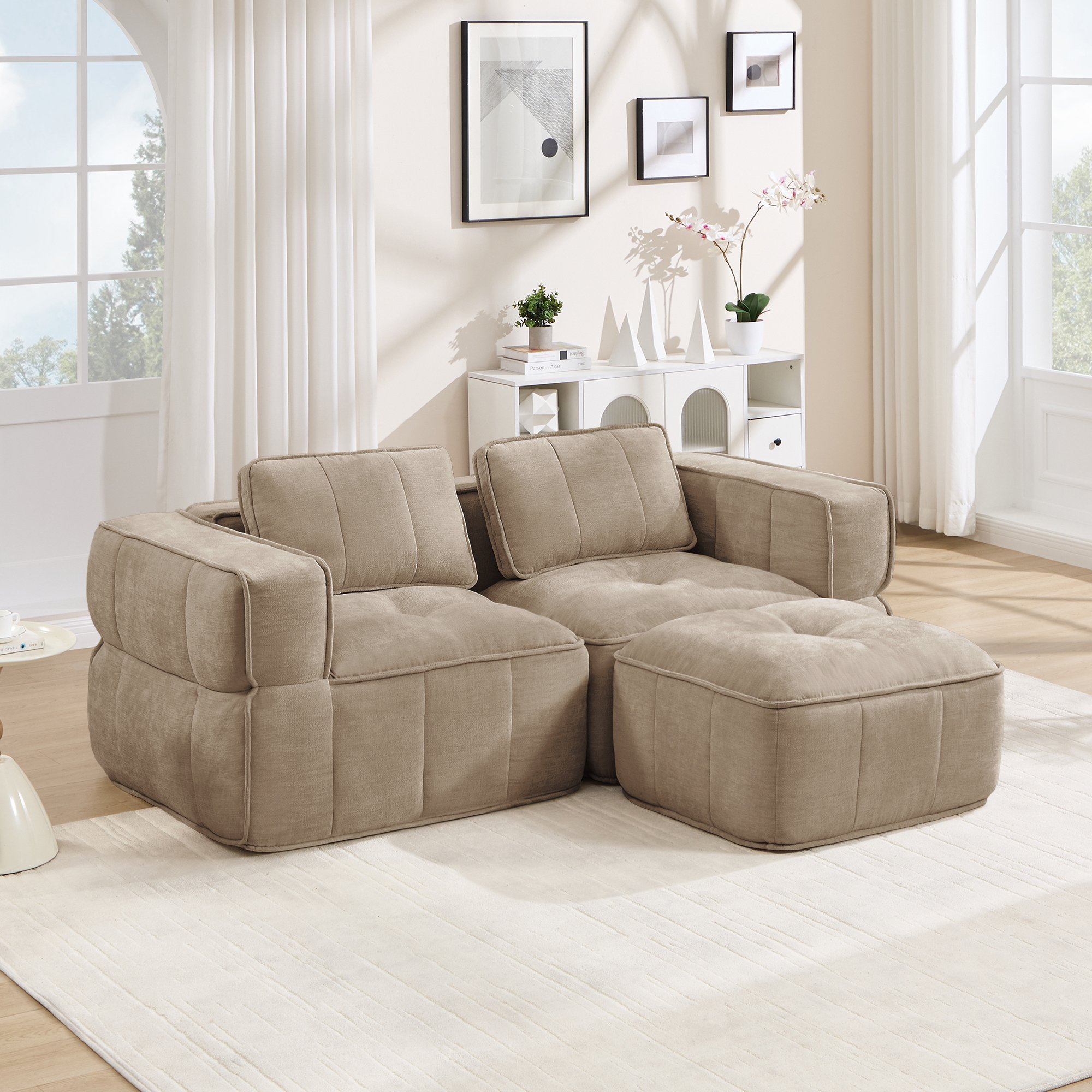 Canapé 2 places dimensions 198x162x67 cm, charge max 550 kg, poids 42,8 kg, livré en 3 colis, format L avec ottoman inclus