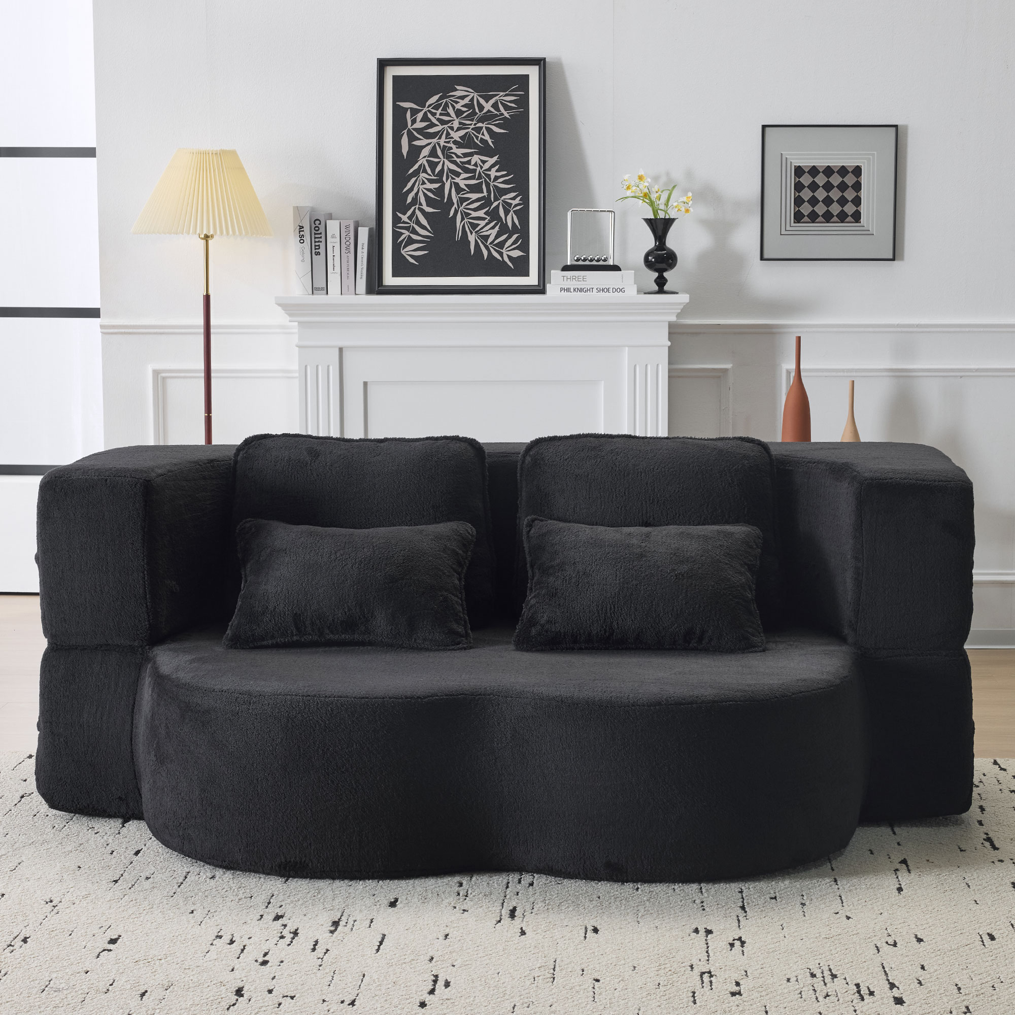 Canapé droit convertible lit noir, revêtement en velours haute densité, design moderne et confortable pour salon ou chambre d'amis, prêt à l'emploi