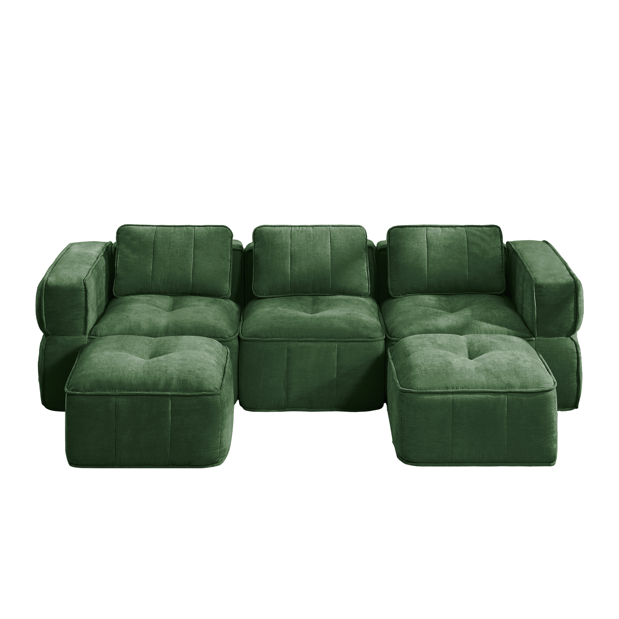 Canapé modulable 3 places vert en polyester, structure sans cadre, mousse haute densité, profondeur assise généreuse, idéal pour le salon moderne et les moments de détente.