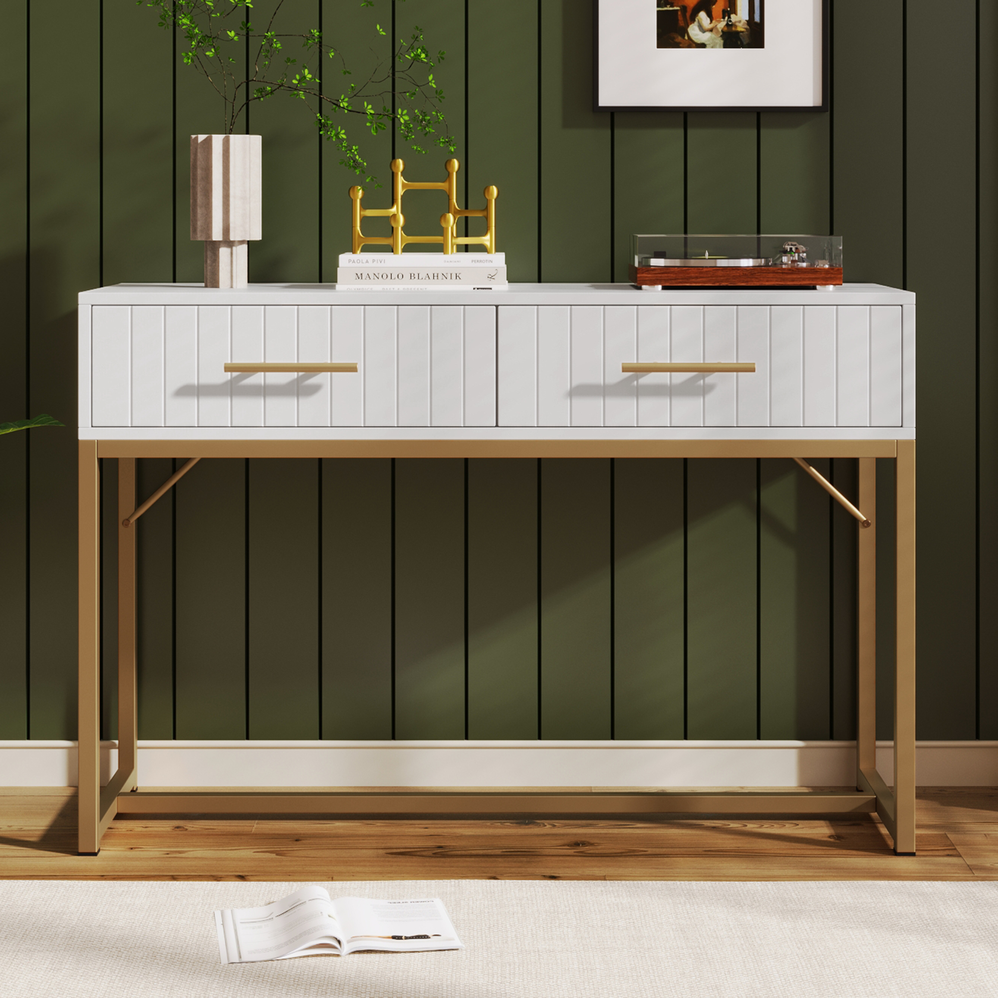 Buffet Blanc 100x75x45 cm avec 2 Tiroirs, Meuble Rangement Moderne Design Contemporain Panneau Particules