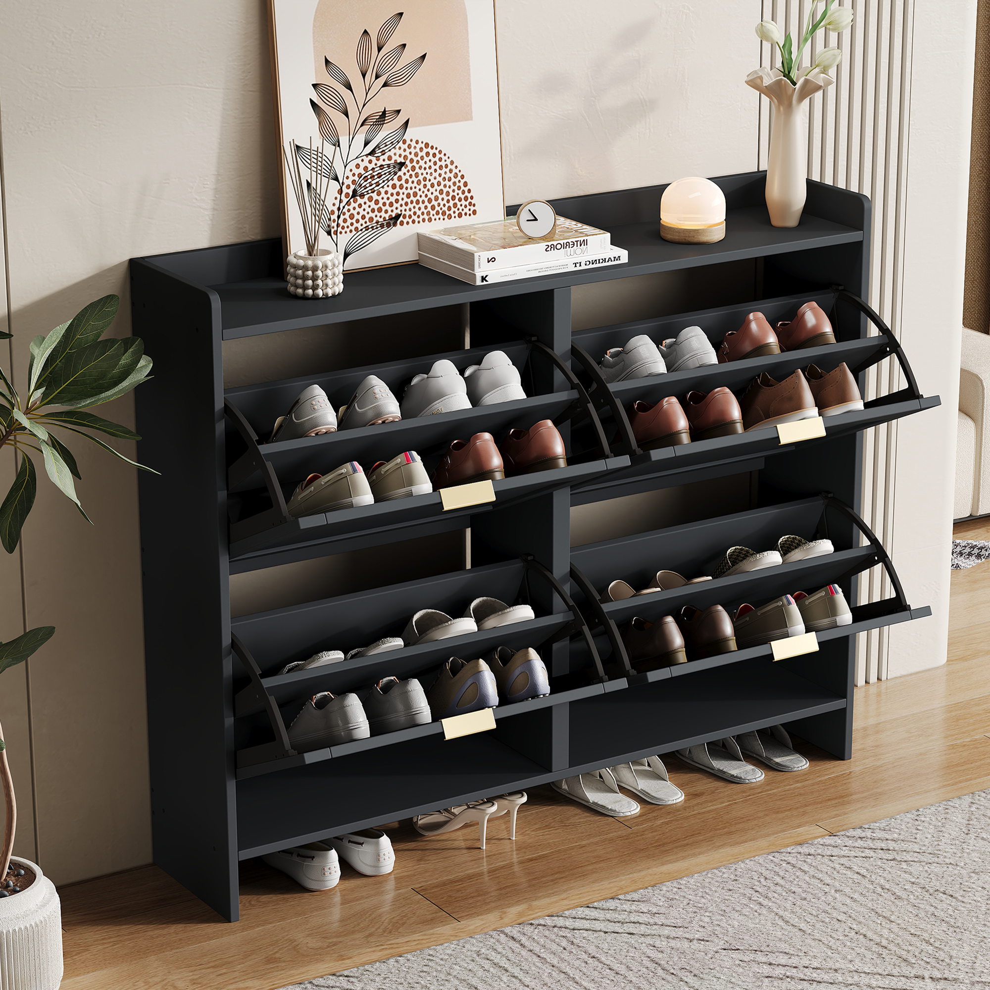 Meuble à chaussures noir 110x24x90 cm, étagère entrée moderne avec portes abattantes et rangement ouvert pour couloir étroit