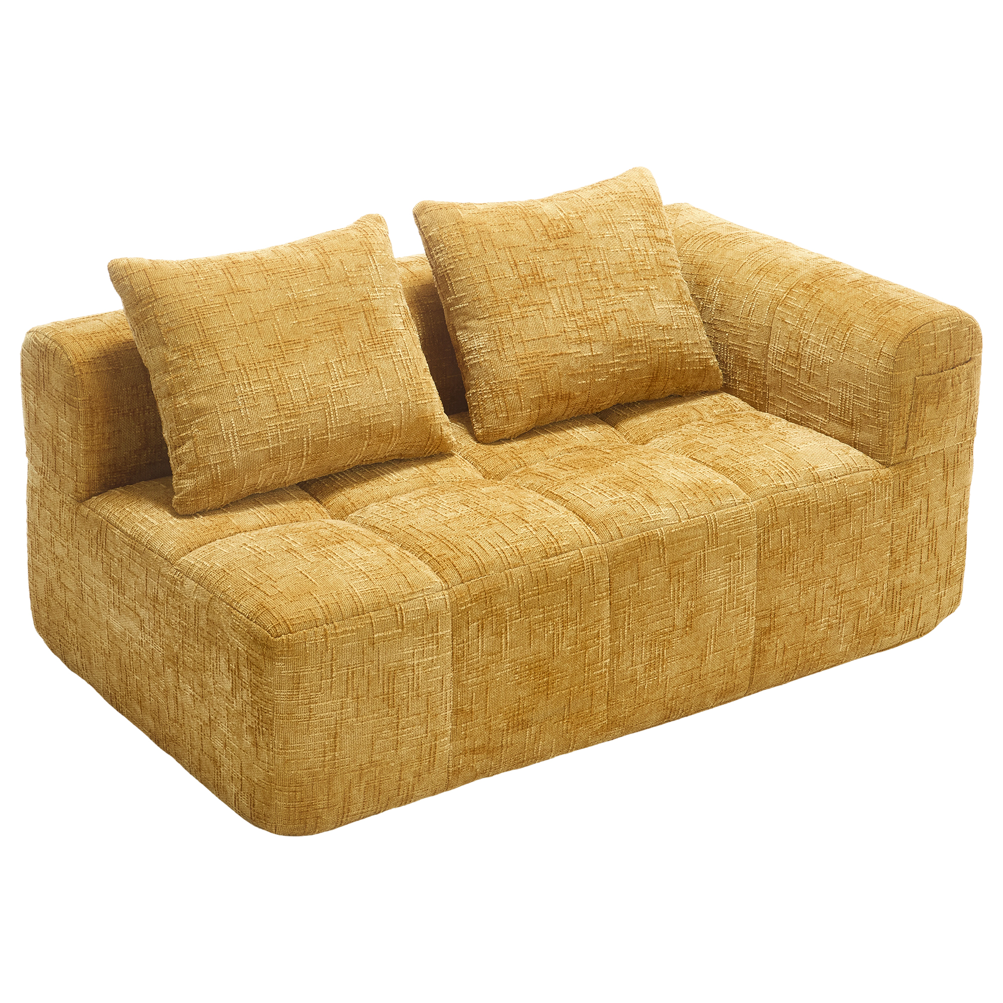 Canapé 2 places en chenille jaune, structure mousse et ressorts rapides, coussin et poches latérales inclus