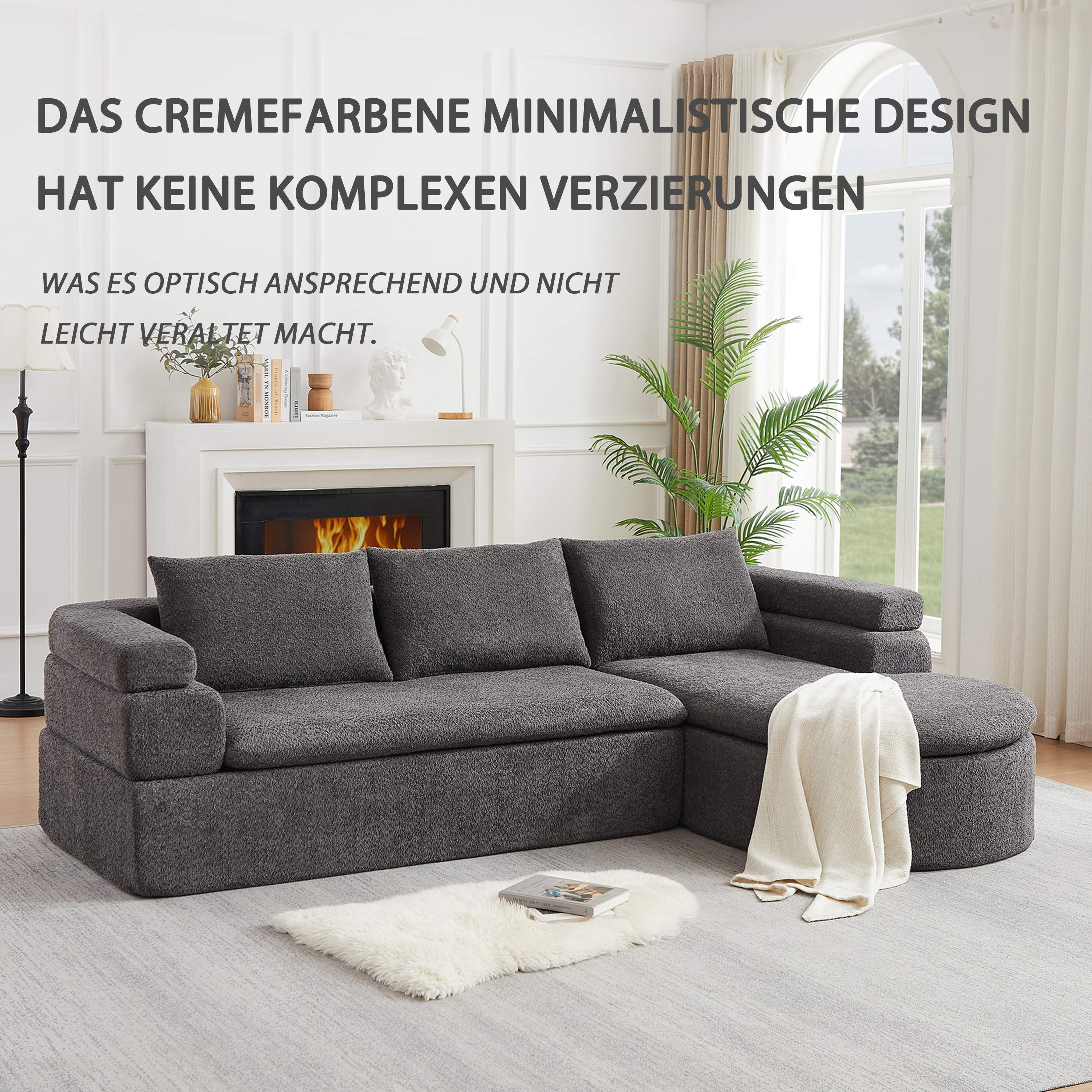 Canapé d'angle 3 places avec méridienne en tissu chenille anthracite, accoudoirs en gradins et coussins épais pour salon moderne