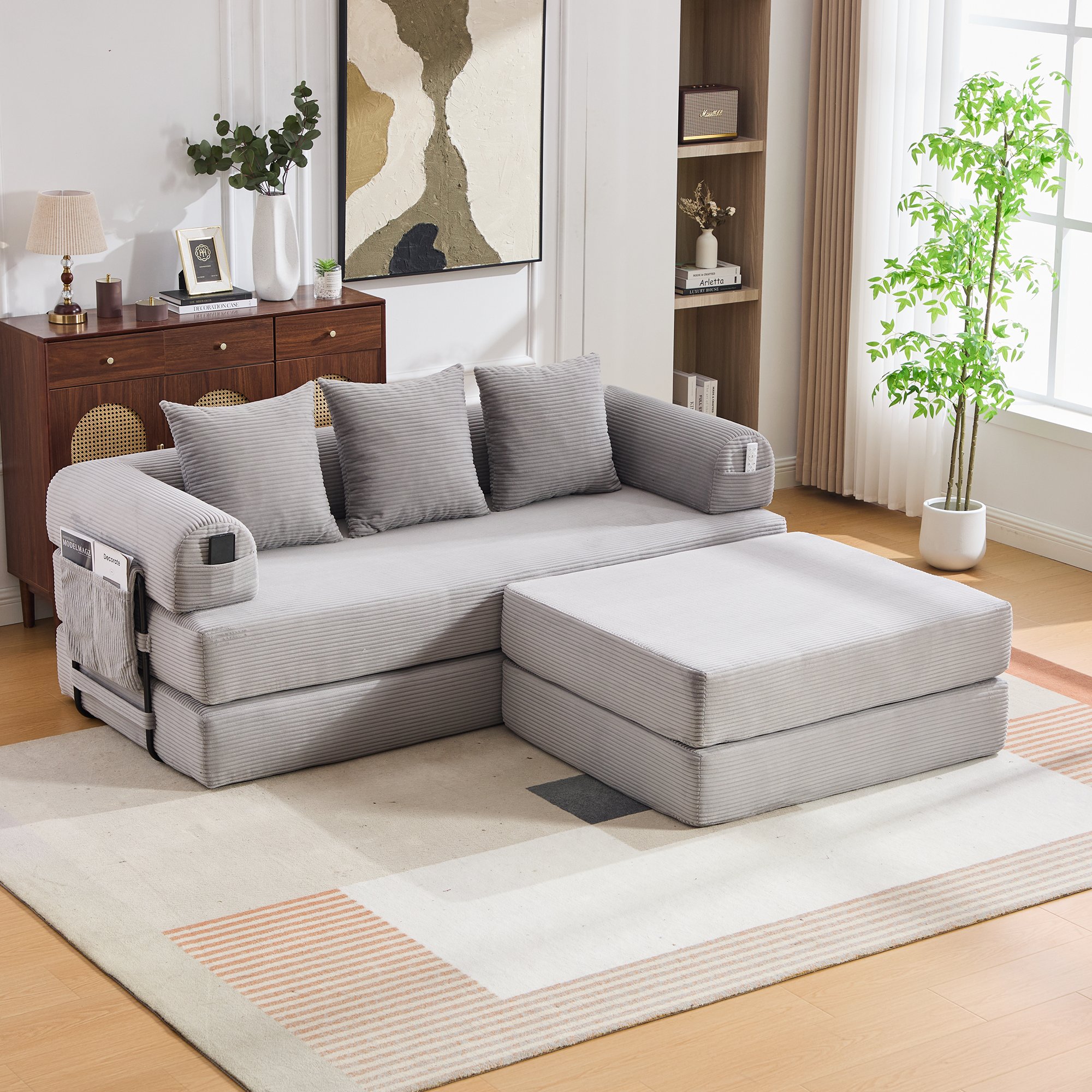 Canapé d'angle convertible modulable sans montage avec pochette latérale et pouf inclus pour petit espace