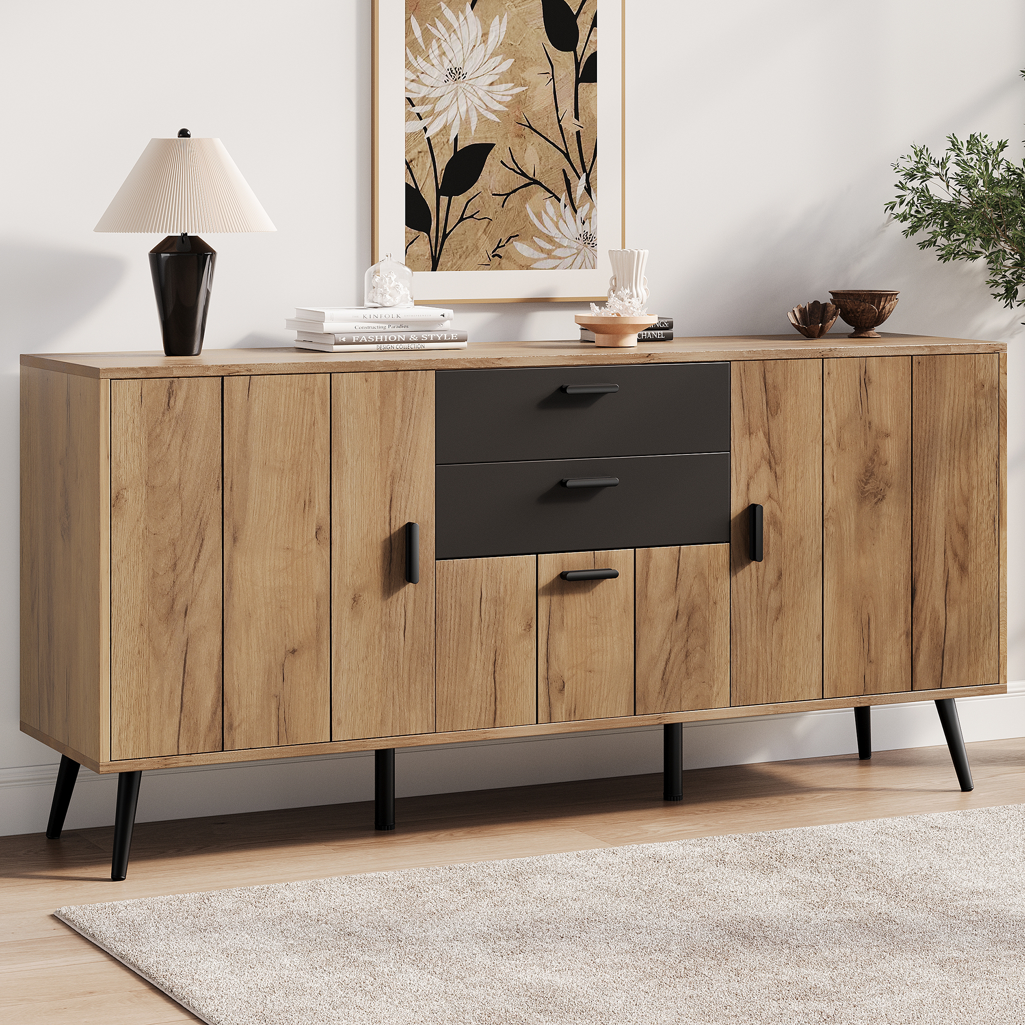 Buffet Salon Moderne avec Étagères Intérieures, Meuble Rangement 140x35x67cm, 2 Tiroirs et 3 Portes à Charnières
