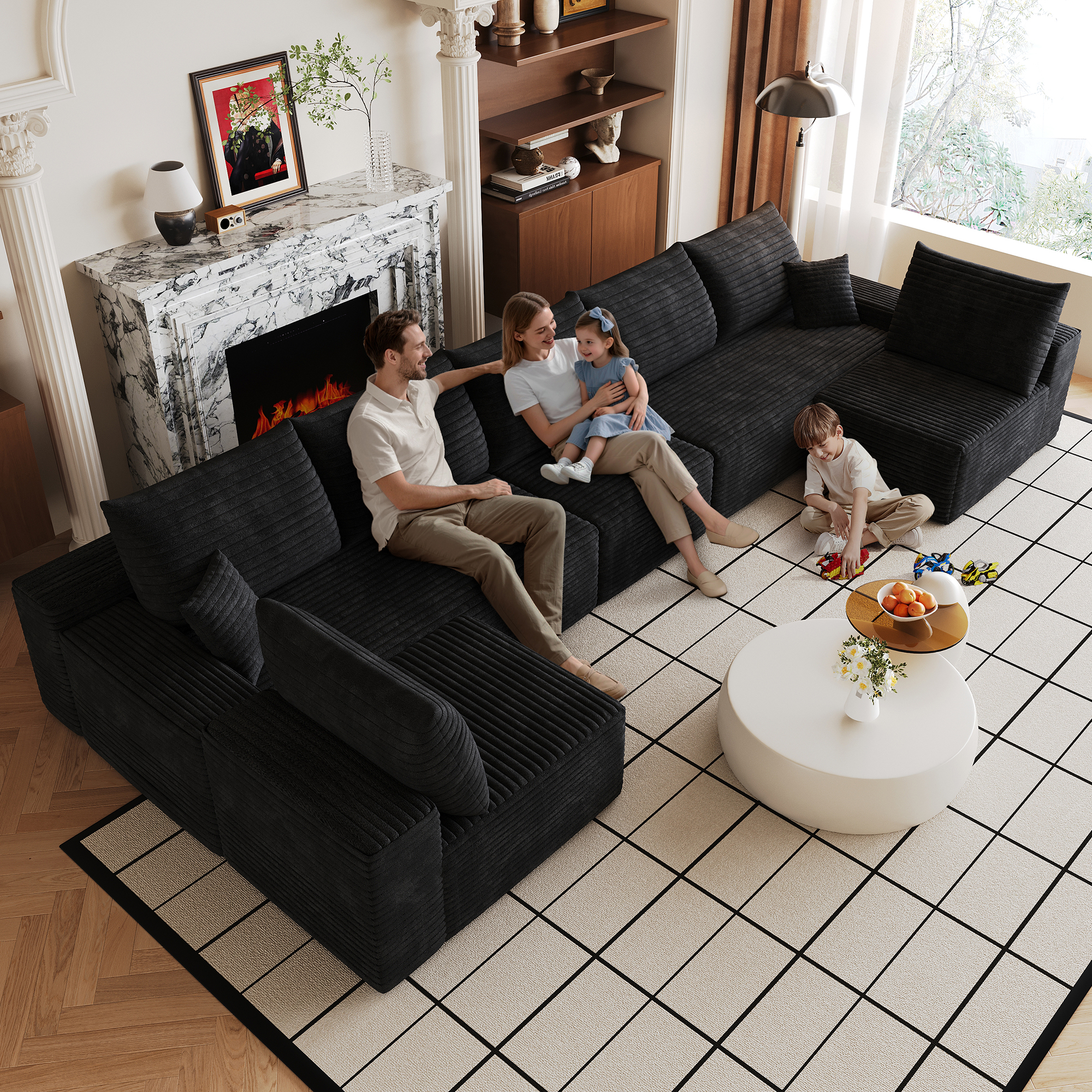 Canapé d'angle Modulable Noir avec Méridienne et Profondeur de Siège Basse Design Contemporain