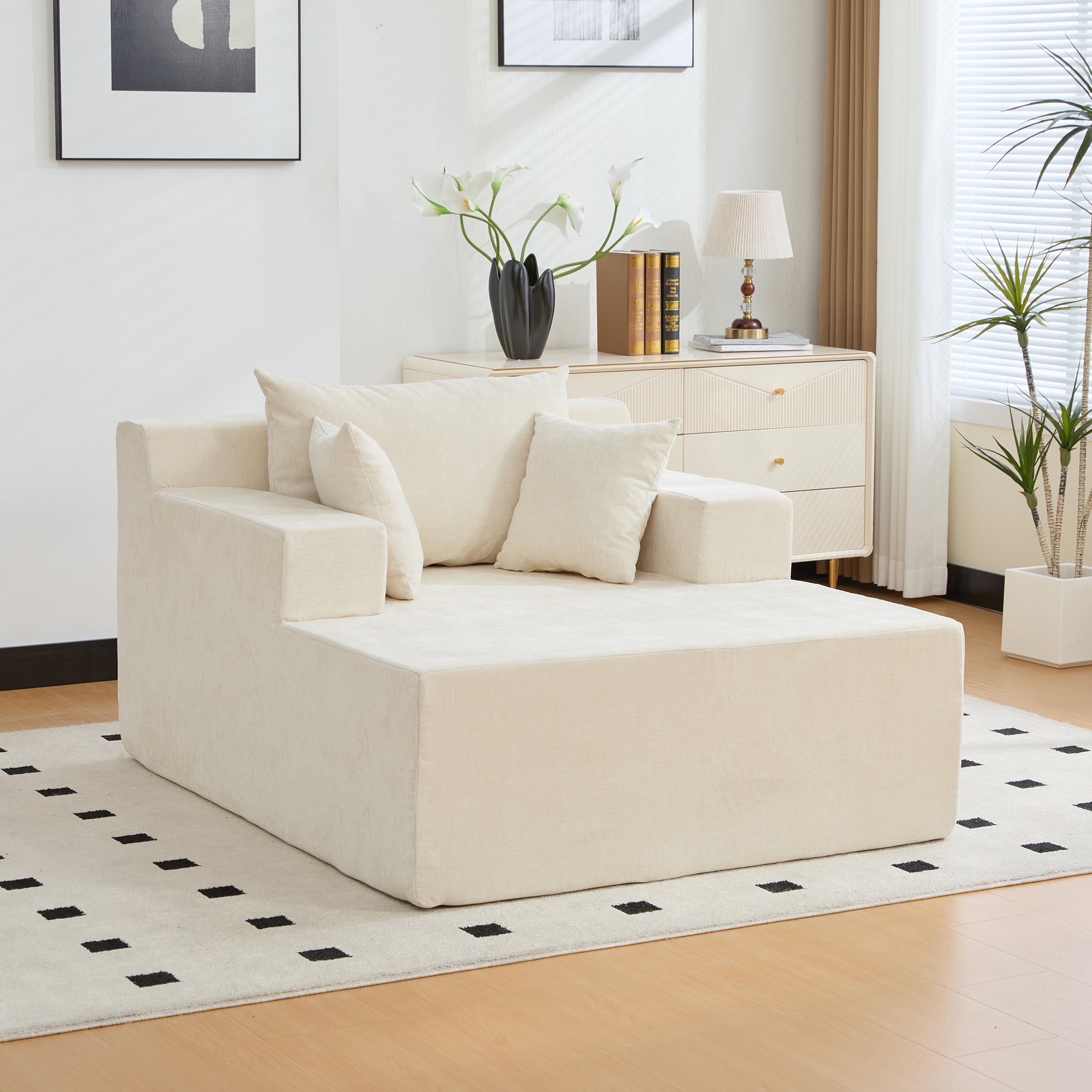 Méridienne Modulable en Tissu Chenille Beige avec Mousse Haute Élasticité 30D et Base Antidérapante pour Salon Moderne