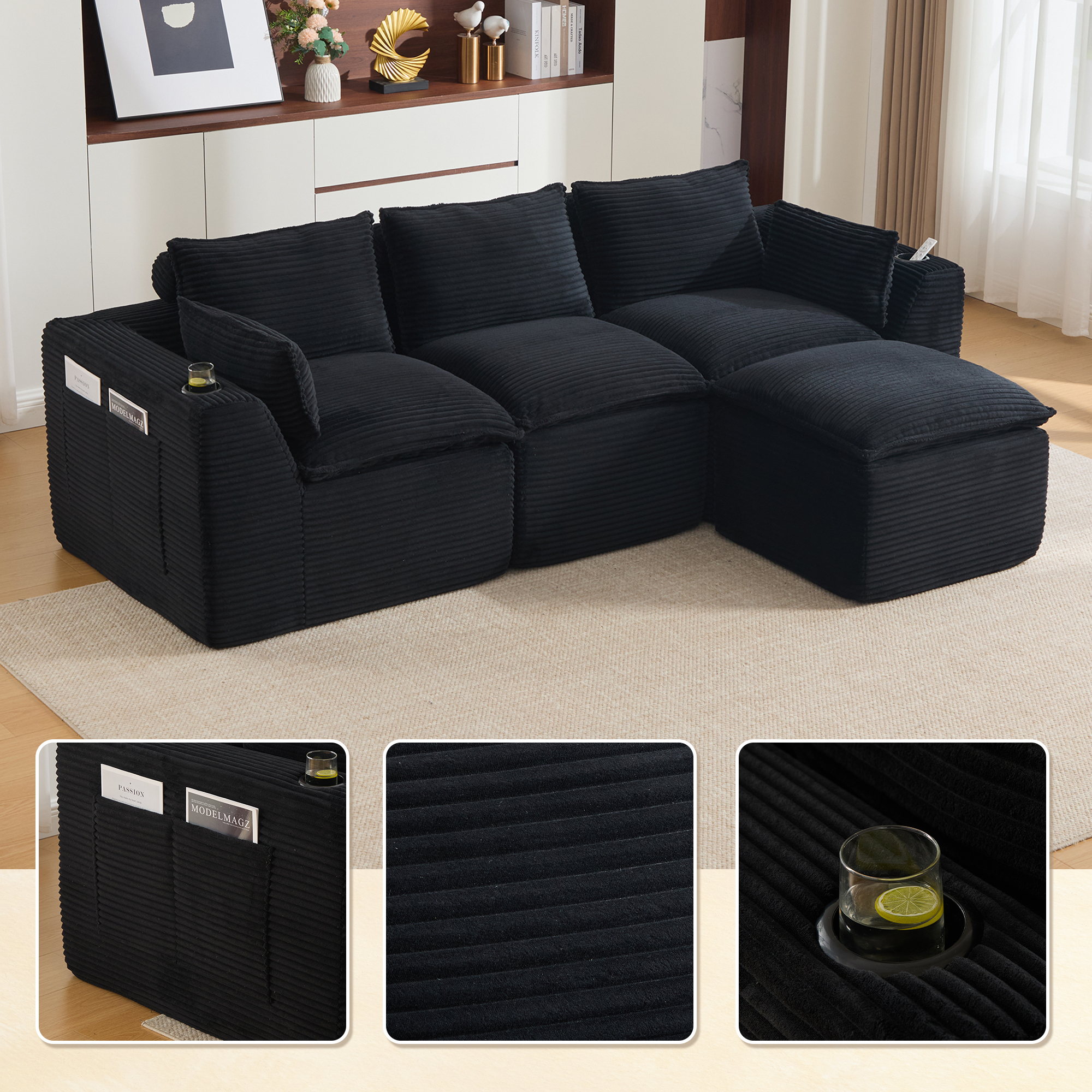 Canapé modulable 3 places en velours côtelé noir avec pouf et coussins inclus pour salon et séjour