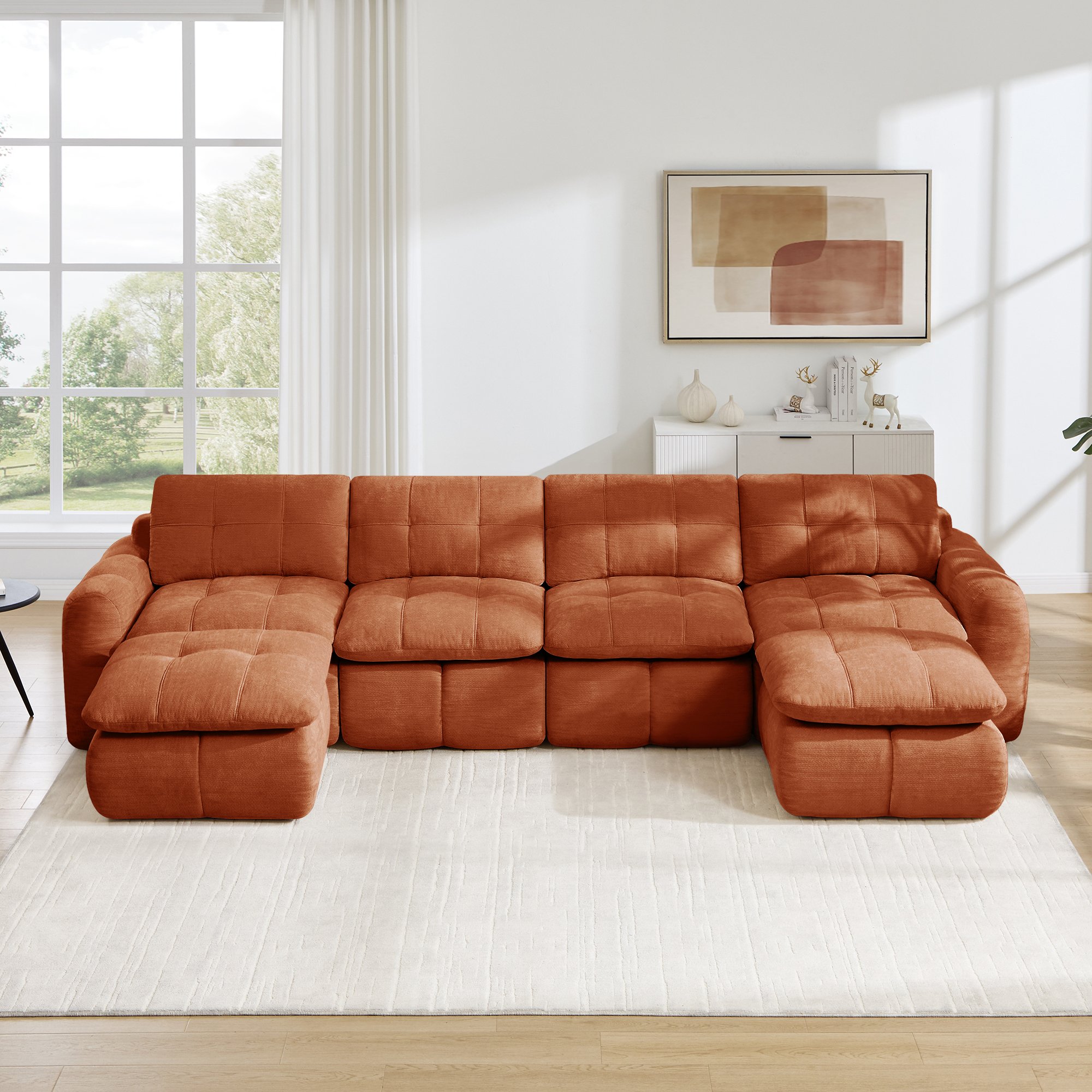 Canapé Modulable Orange Chenille 4 Places avec Ottomans, Design Carreaux, Sans Cadre, Profond et Ergonomique pour Salon