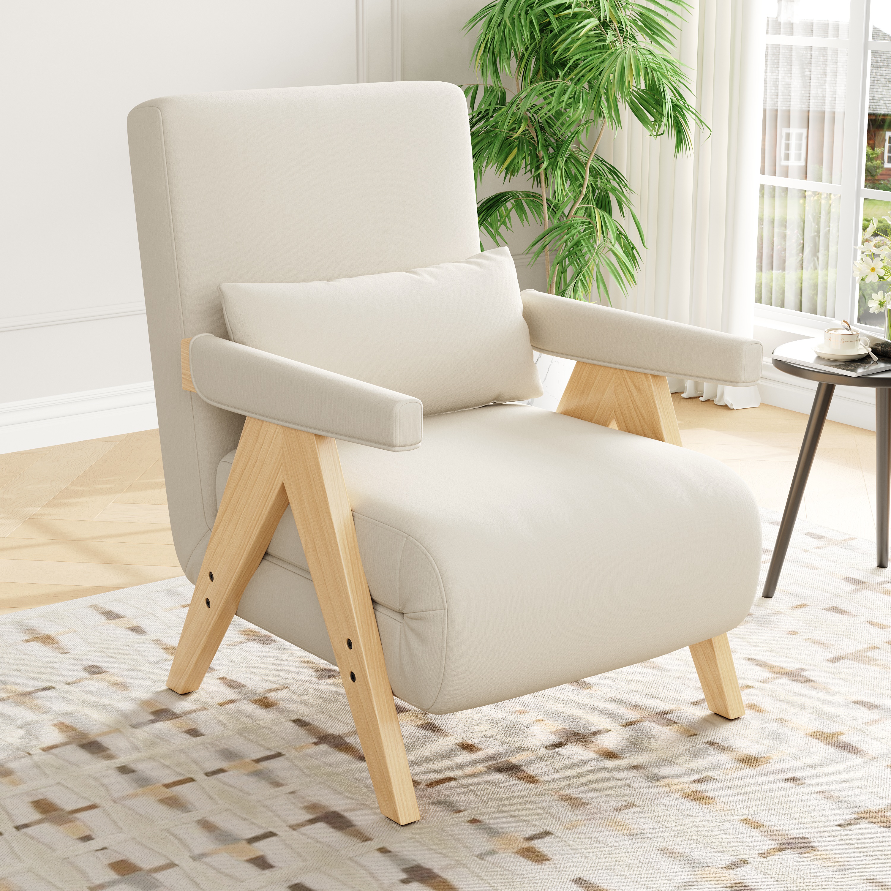 Lit d'appoint convertible 3 en 1 pour salon chambre bureau, effet lin beige, avec coussin et accoudoirs bois massif