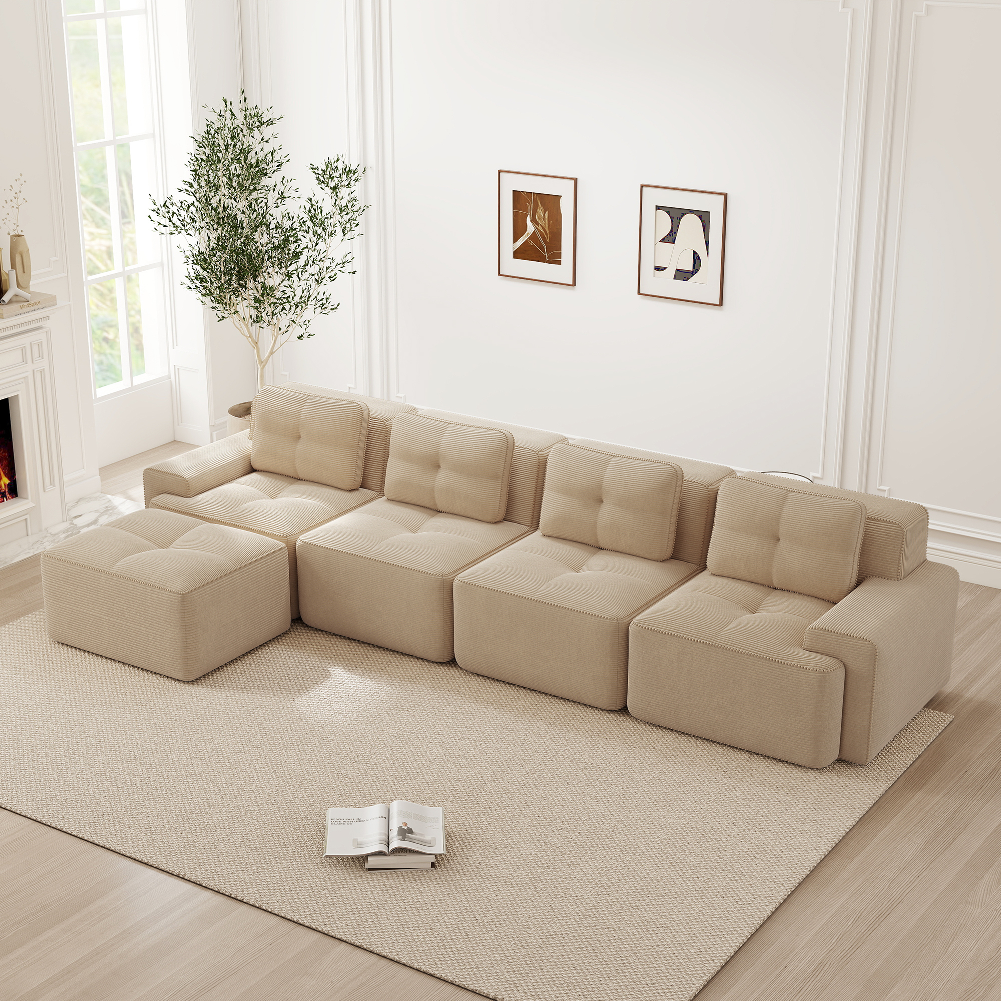 Canapé 4 places en velours côtelé beige avec dossier bas, assise profonde et accoudoirs larges