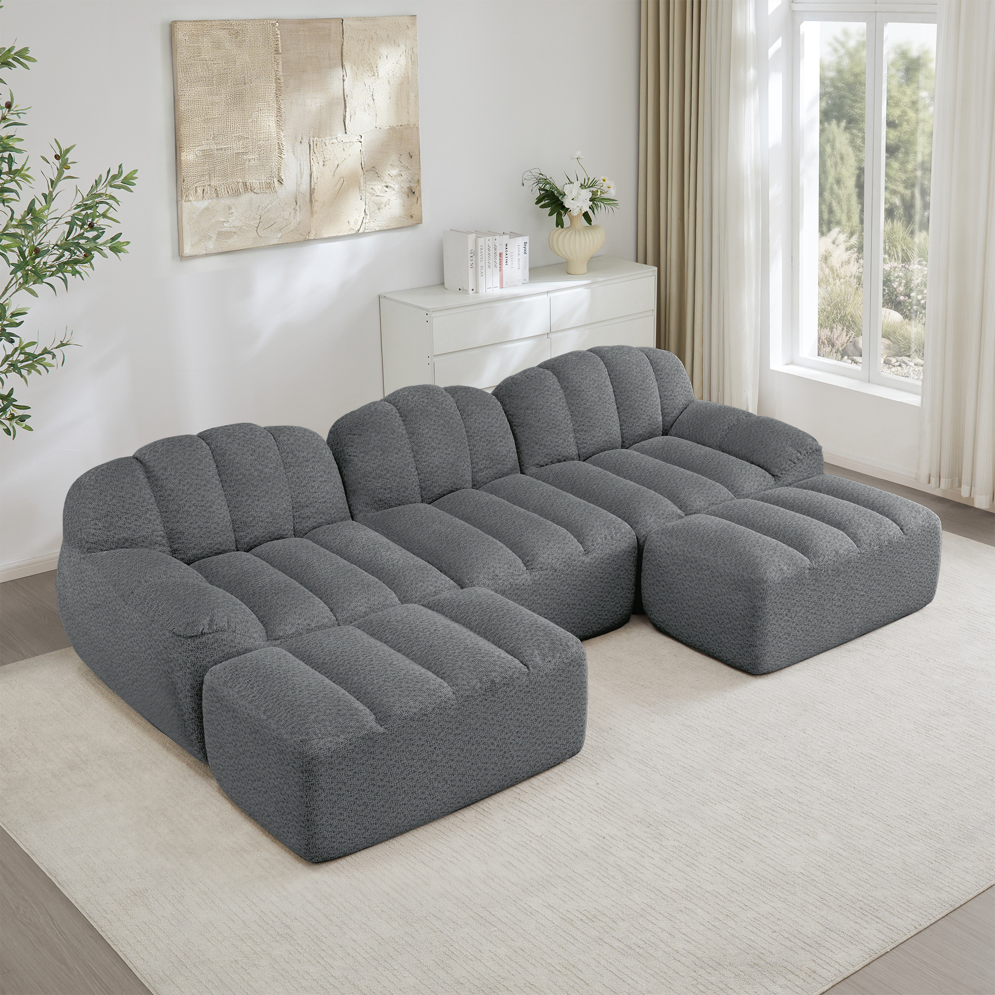 Canapé Salon Familial En U Avec Coffre De Rangement, Canapé Modulable 3 Places Tissu Fleece Gris Profond Et Confortable
