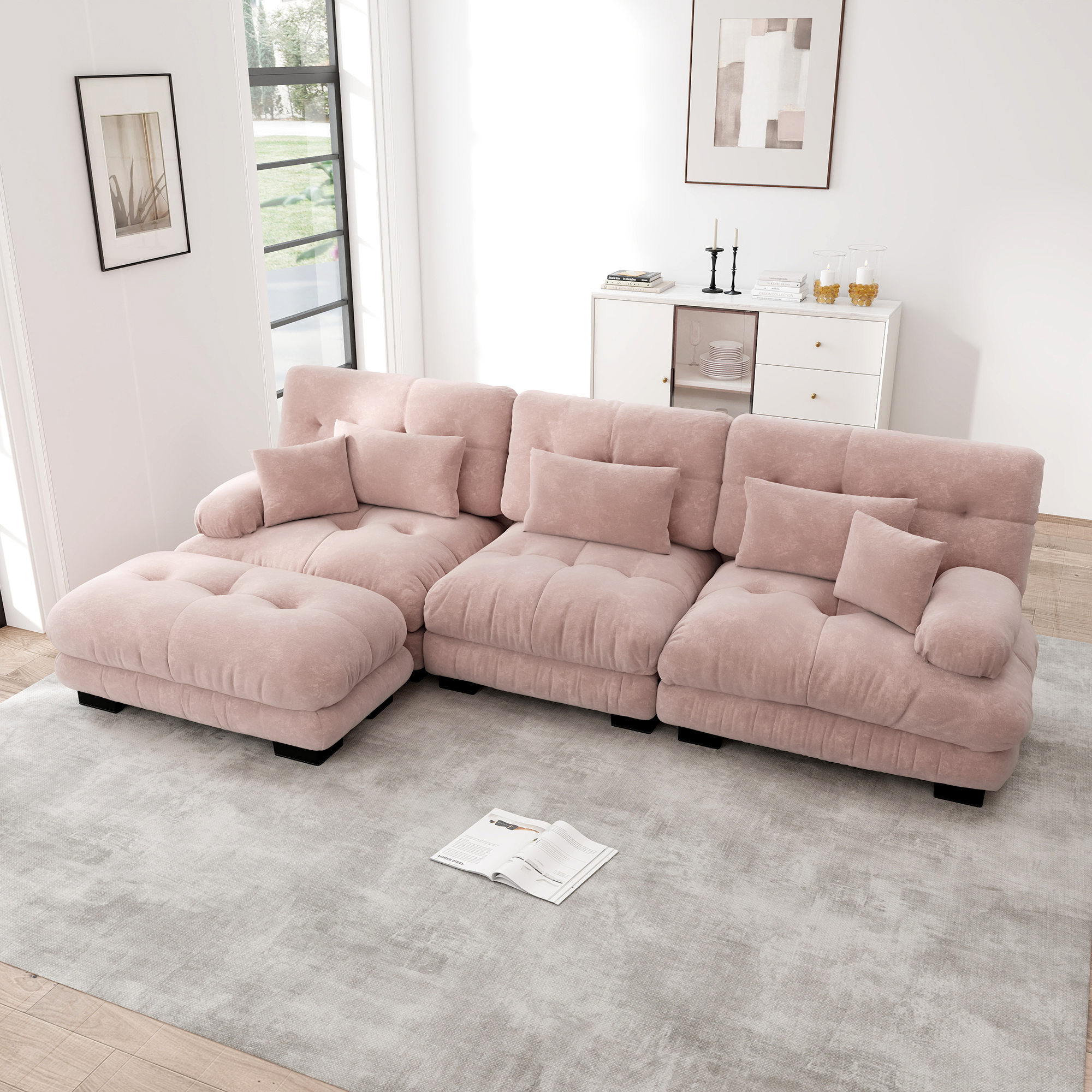 Canapé d'angle modulable en chenille rose avec ottoman mobile et accoudoirs ronds pour salon