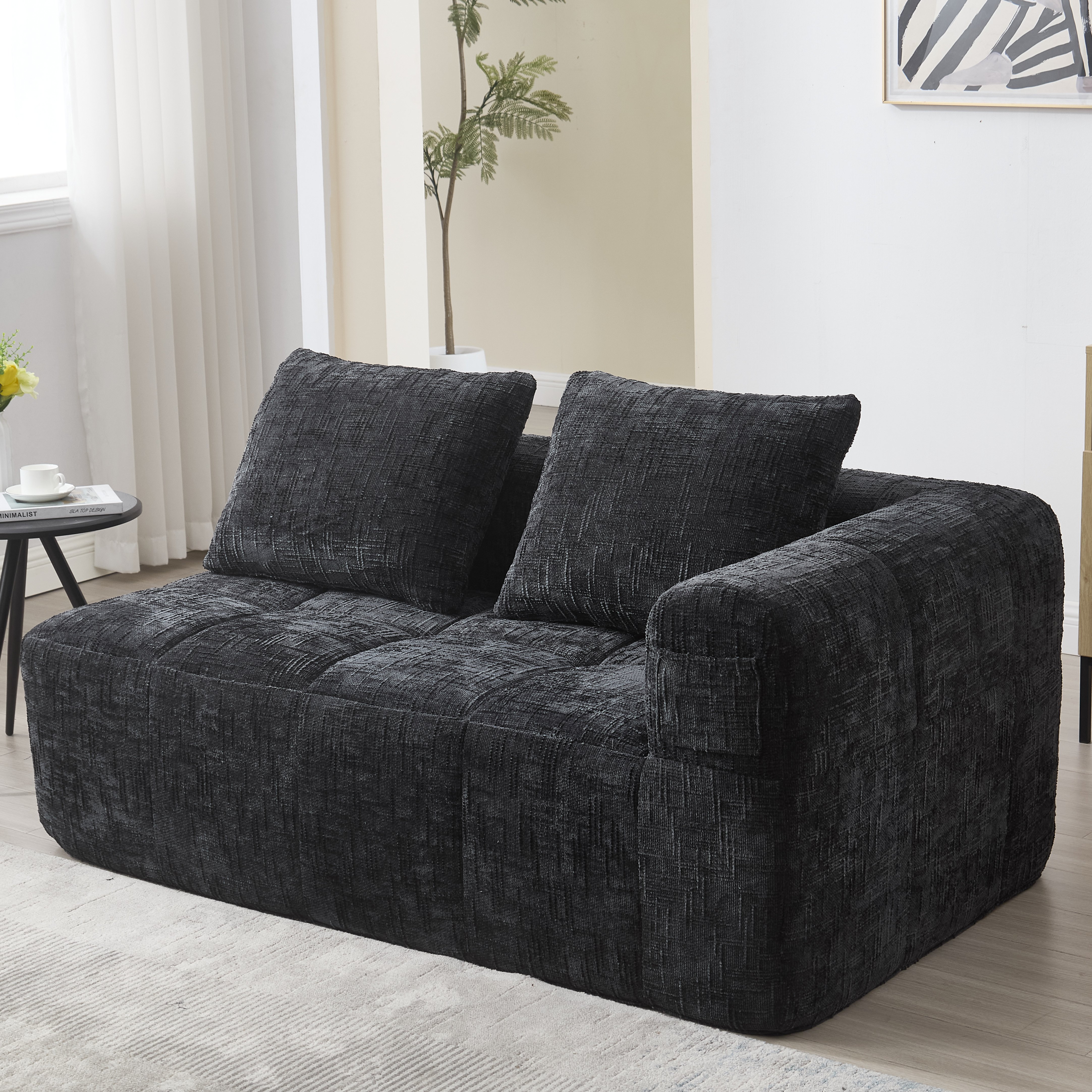 Canapé 2 places sans montage avec coussin inclus, poches latérales, LED intégrée et rangement
