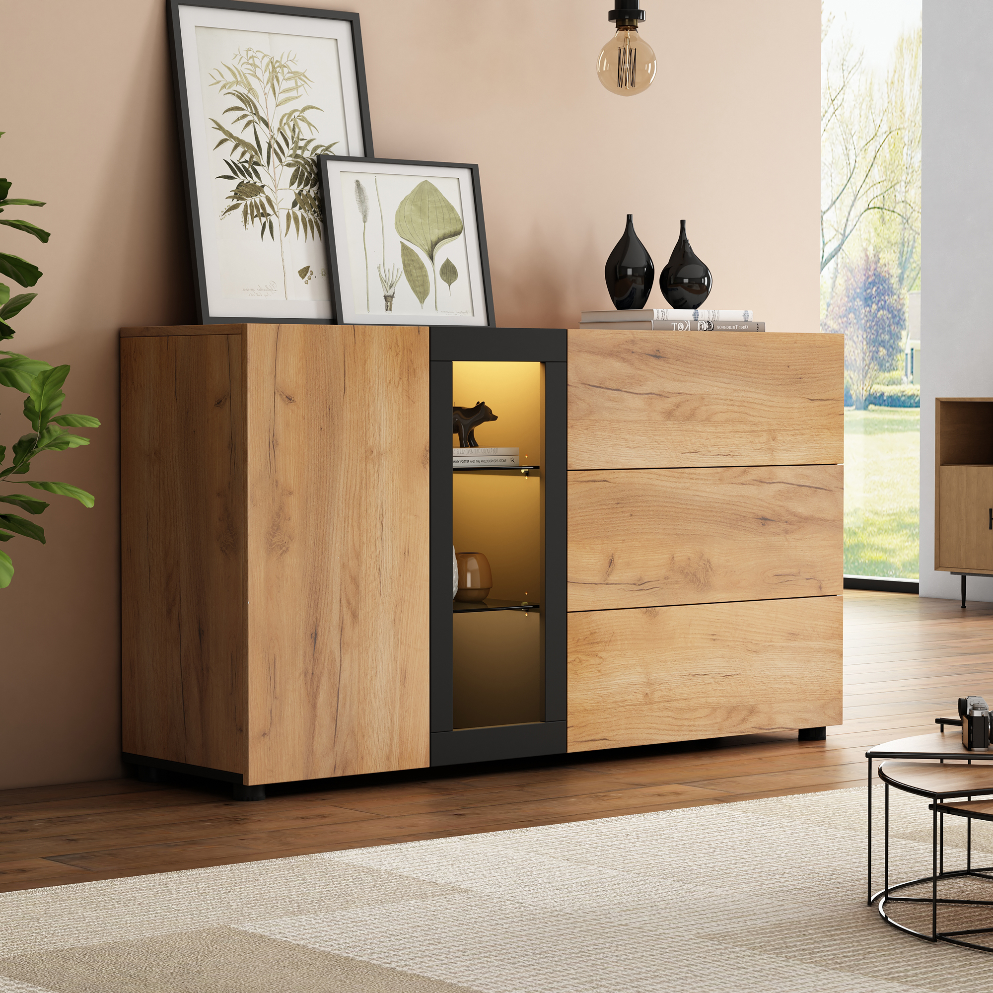 Buffet de cuisine 140x40x80 cm, meuble bas avec 3 tiroirs et porte, idéal pour cuisine, salle à manger ou entrée, noir marron