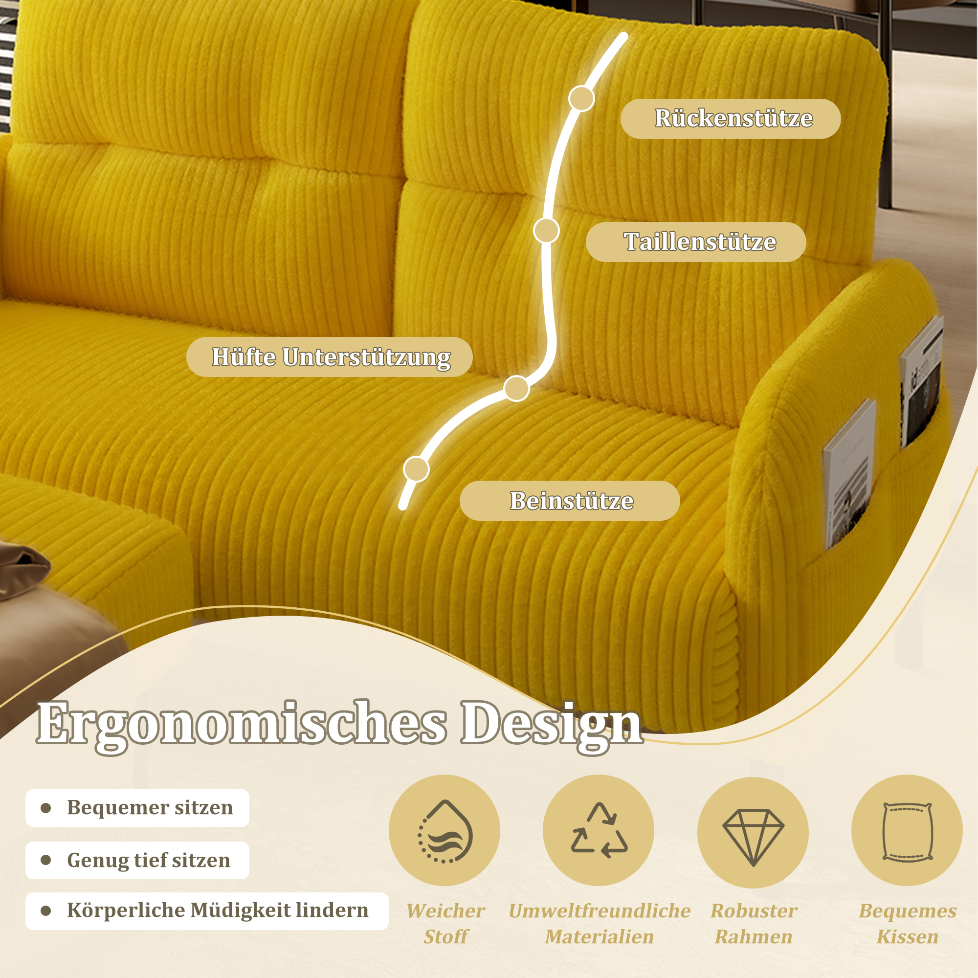 Ensemble canapé 2 places fauteuil et pouf en velours côtelé jaune moutarde, modulable avec poches latérales