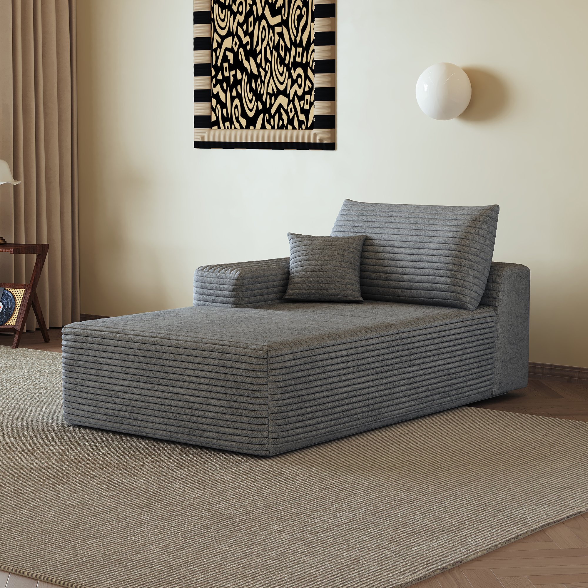 Canapé d'angle gauche gris en velours côtelé sans montage, structure modulaire avec méridienne et assise profonde pour salon moderne