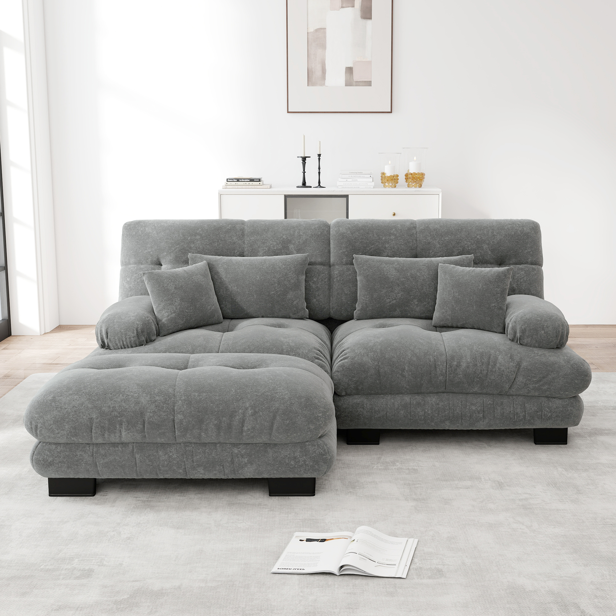 Canapé d'angle modulable en chenille gris avec ottoman et 4 coussins inclus pour salon et bureau