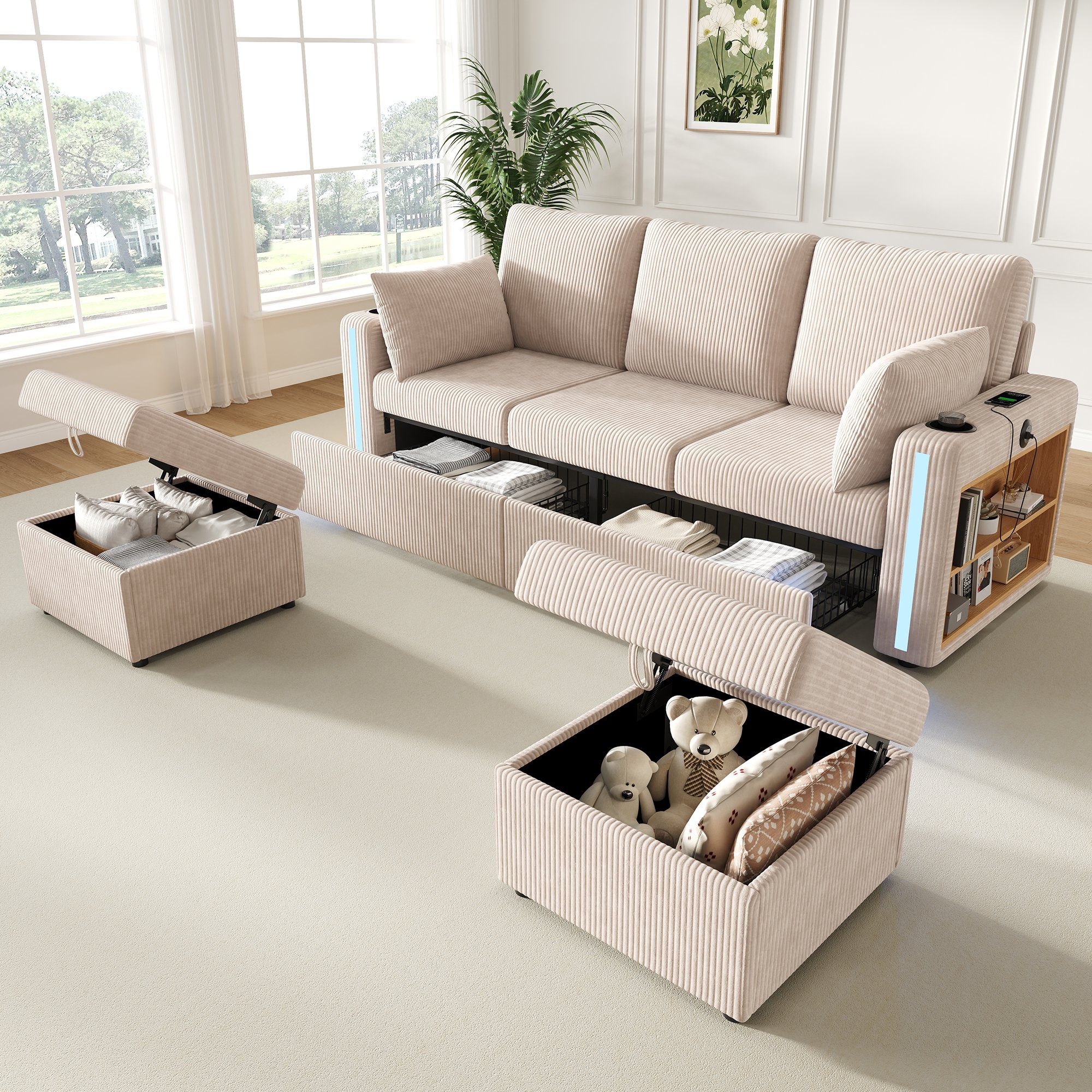 Canapé en Tissu Côtelé Beige Structure Métal Bois Massif Mousse Haute Densité avec Accoudoirs Fonctionnels