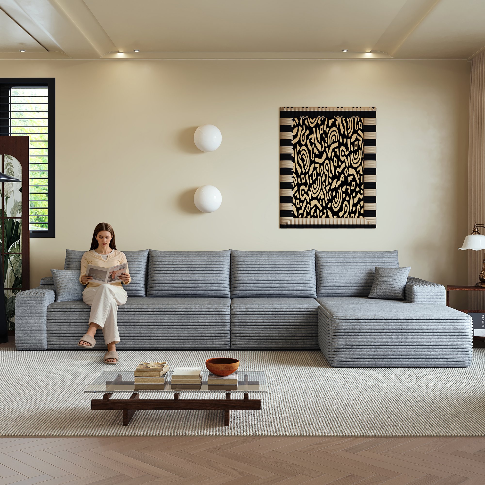 Canapé d'angle 340x175cm gris en tissu côtelé, structure modulable sans montage, assise profonde et confort mousse haute densité pour salon moderne