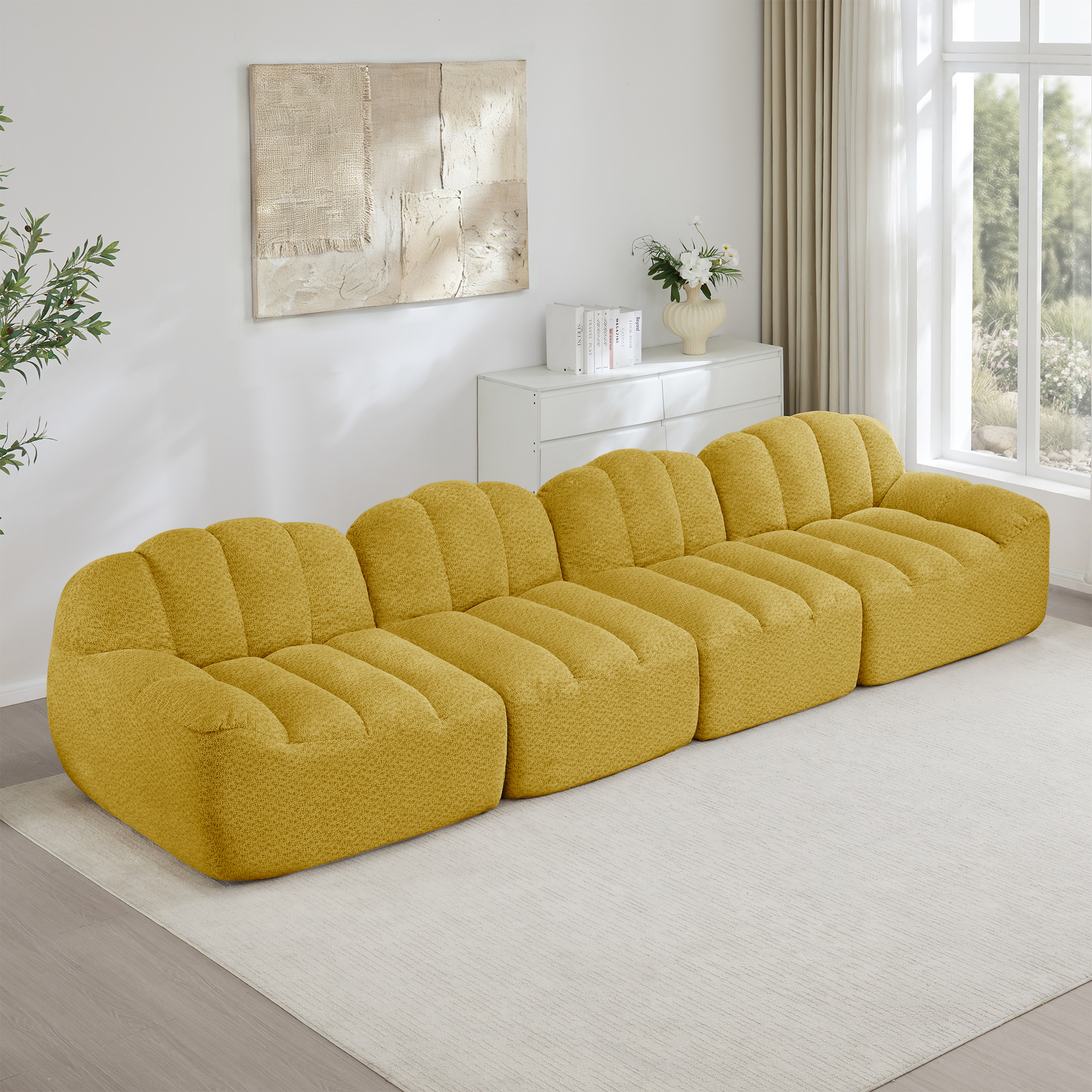 Canapé Modulable 4 Places Jaune Tissu Peluche Design Sans Dossier Avec Rangement Intégré