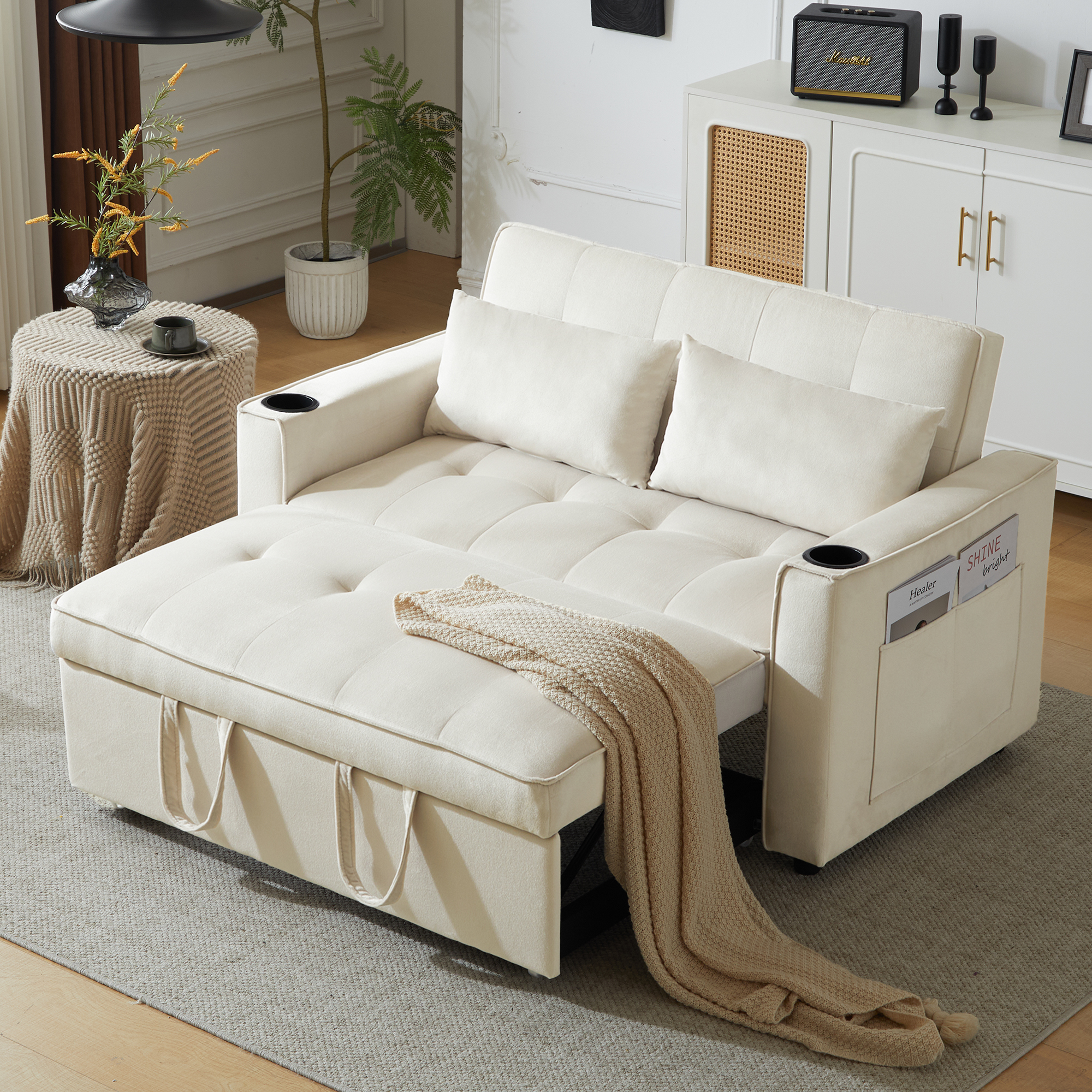 Lit avec rangement 2 places 137x76,5x83 cm avec tiroirs intégrés et couchage convertible en velours beige