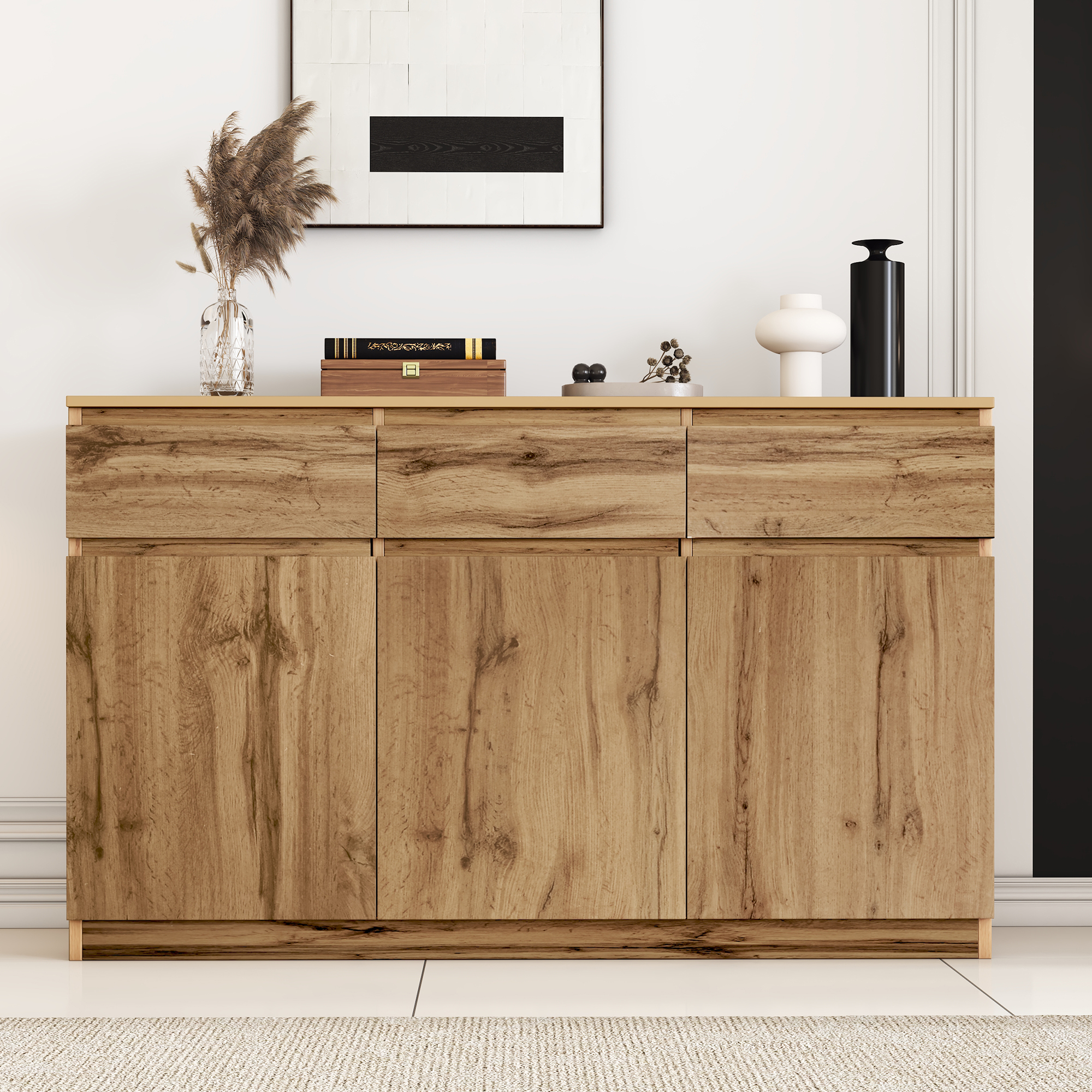 Buffet 135x40x81 cm, Meuble Rangement Cuisine avec 3 Tiroirs Intégrés et Étagères Réglables pour Stockage Spacieux