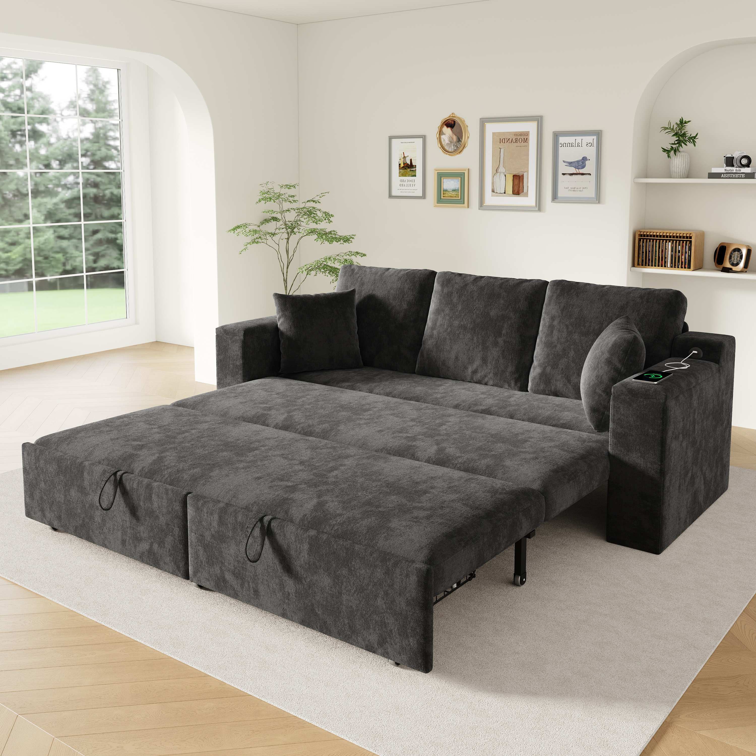 Canapé-lit 3 places avec fonction sommeil rapide, ports USB et Type-C dans les accoudoirs, rangements intégrés, tissu chenille gris