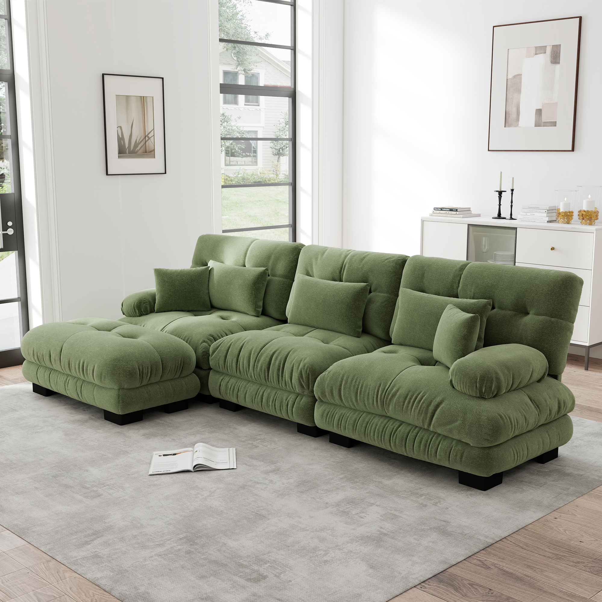 Canapé d'angle modulable en Chenille Vert, Grand Format 313x145cm, Style Cloud Profond avec Ottoman pour Salon Moderne
