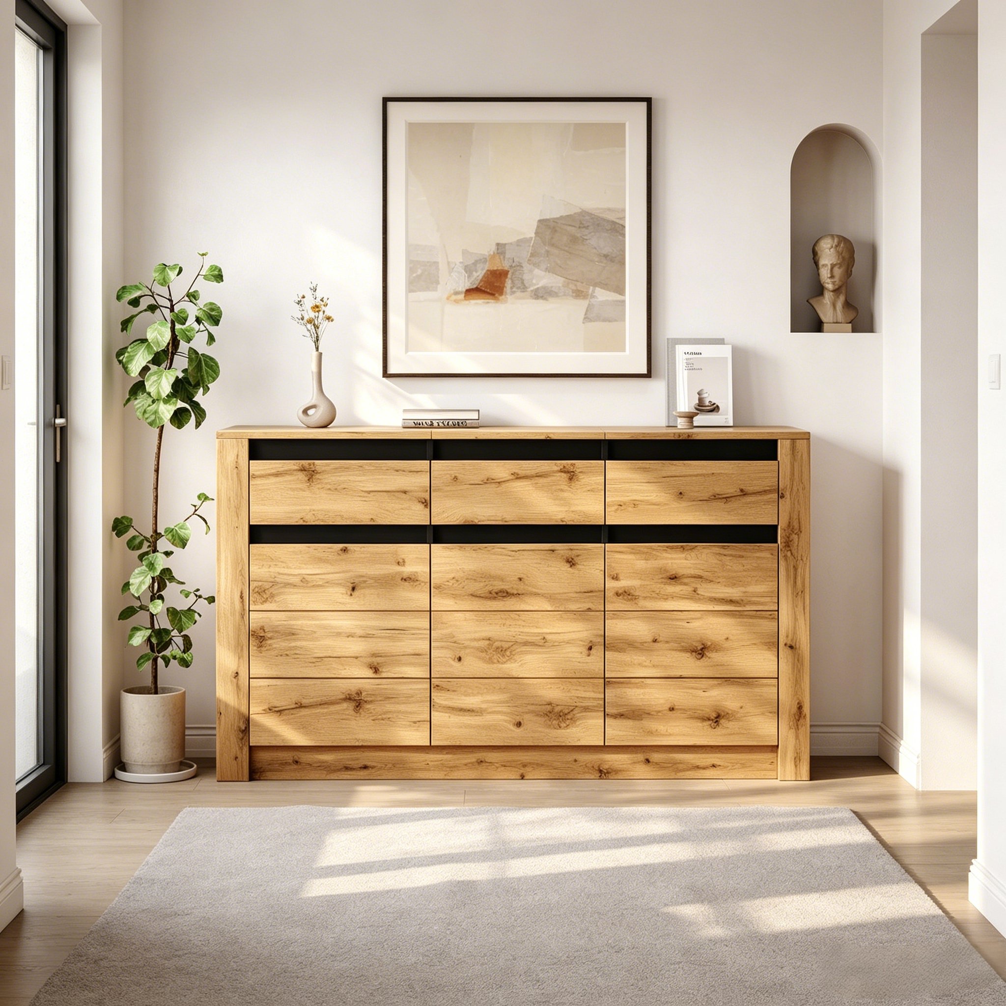 Buffet Moderne 140x35x70cm avec 3 Tiroirs et 3 Compartiments, Meuble de Rangement Salon Bois Naturel Aggloméré