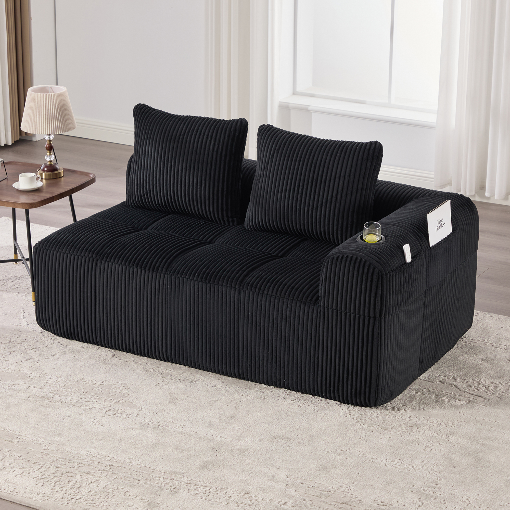 Canapé 2 places en velours côtelé noir, mousse haute densité et ressorts avec porte-gobelets intégrés
