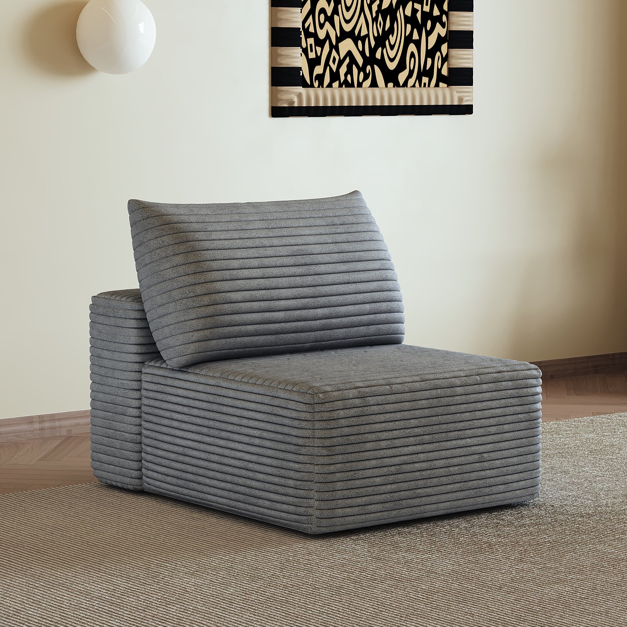 Canapé une place gris en tissu velours côtelé sans montage, structure modulaire avec dossier réversible pour salon ou chambre