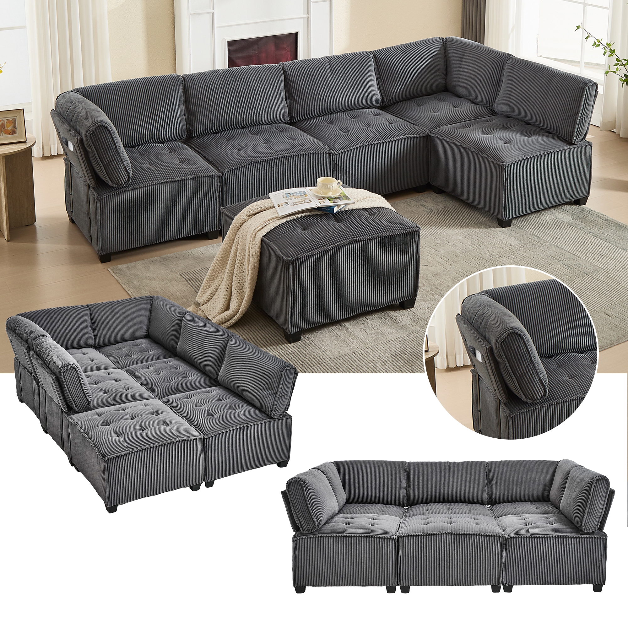 Lit rembourré avec rangement 6 places 308x154x82 cm, structure métal et bois, velours côtelé gris, accoudoirs ergonomiques