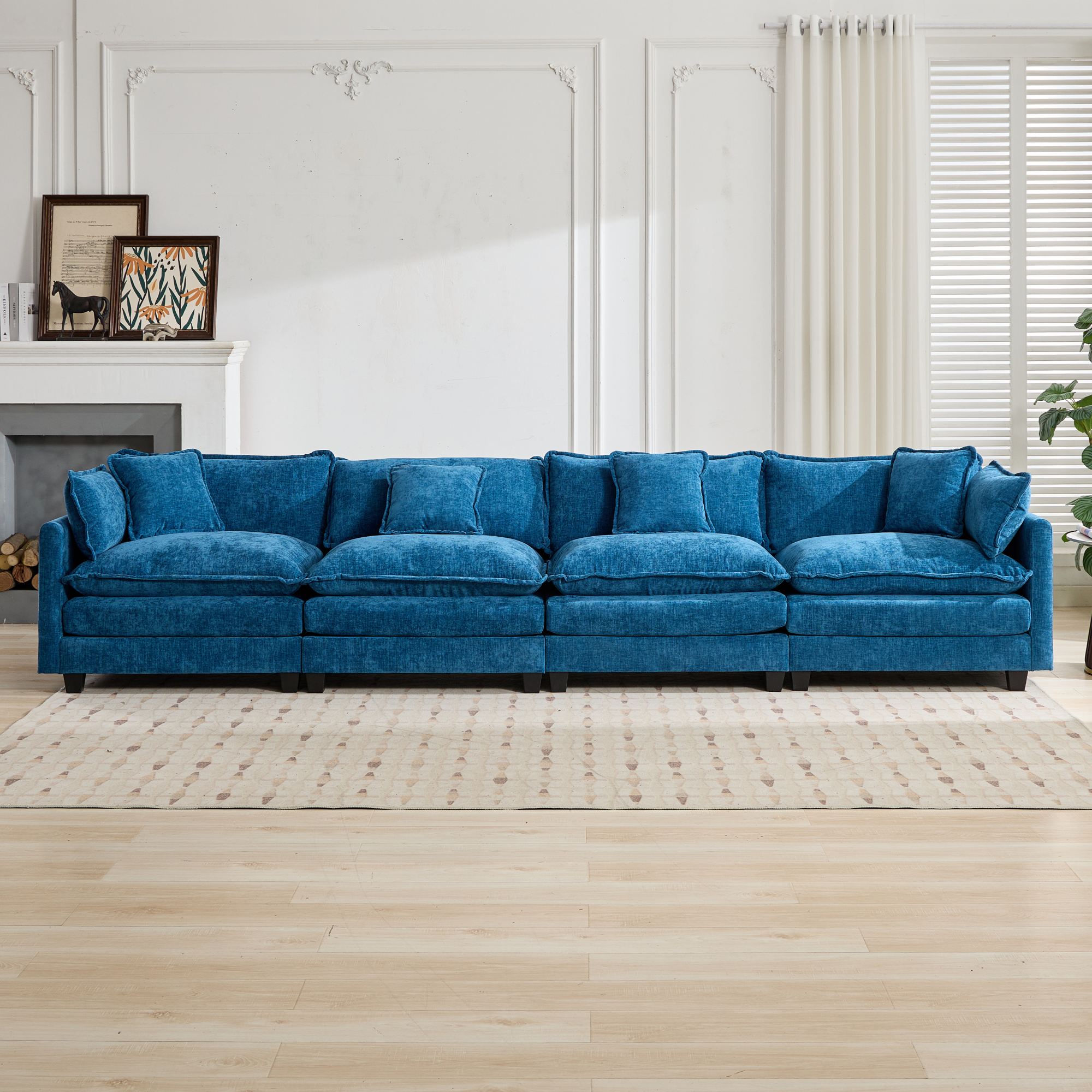 Canapé 4 places 380 cm de large en chenille bleu, canapé modulable pour salon et chambre avec coussins d'appui