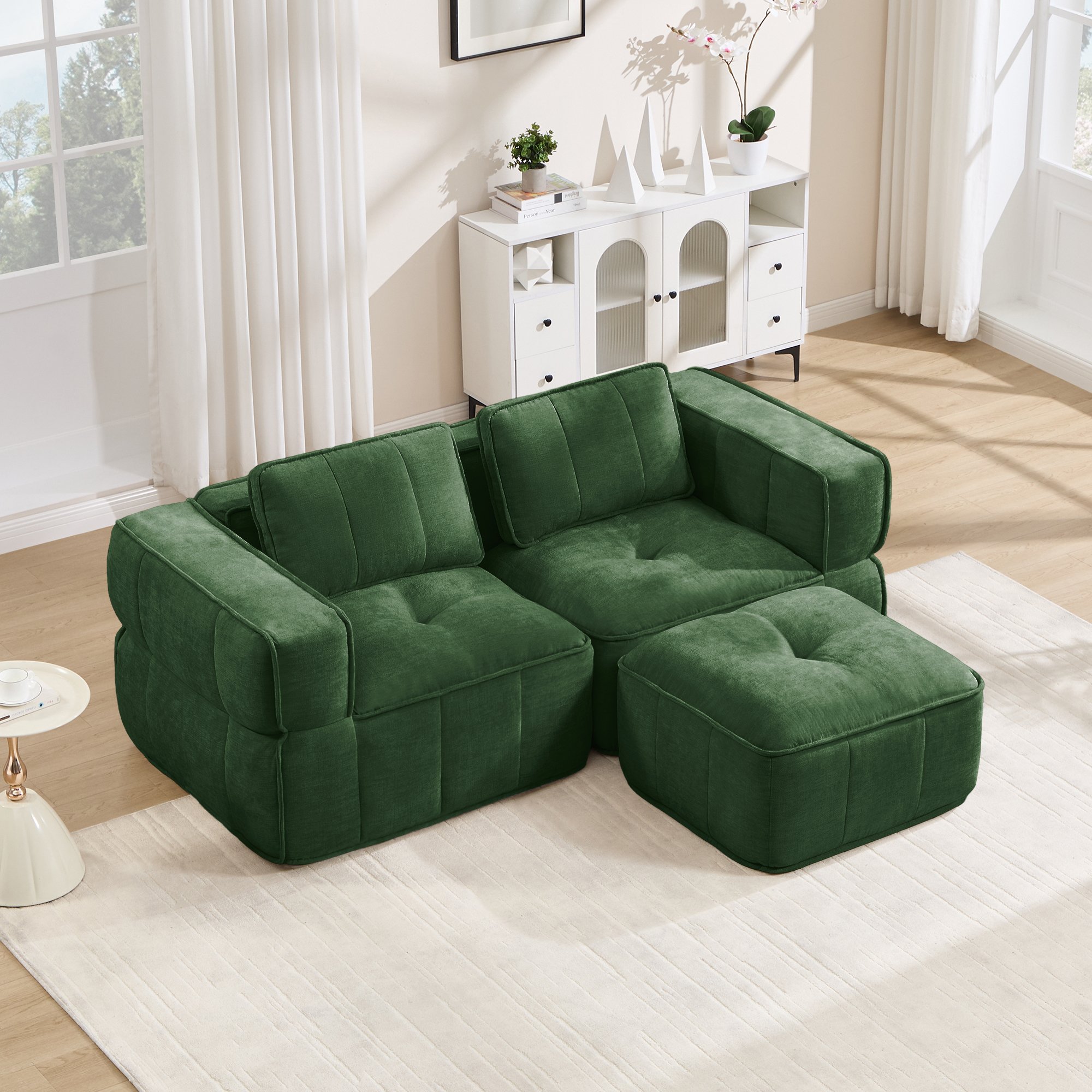 Canapé L 198x162x67 cm vert, capacité 550 kg, assise spacieuse avec ottoman inclus, livraison en 3 colis, idéal pour grands espaces
