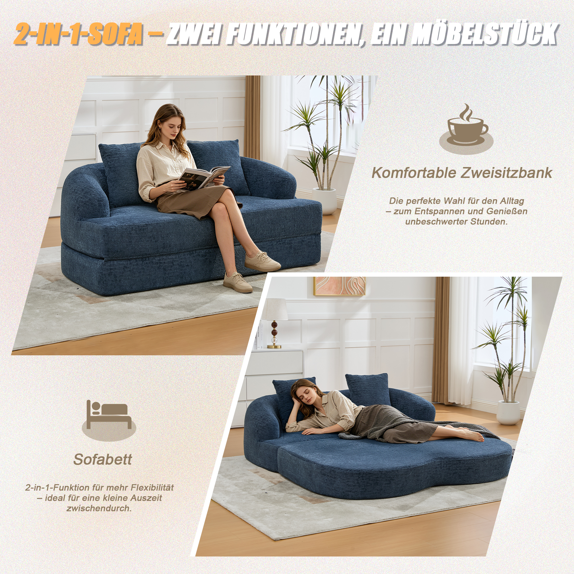 Canapé-lit 2 places bleu marine en chenille avec deux coussins et rangement intégré pour petit salon