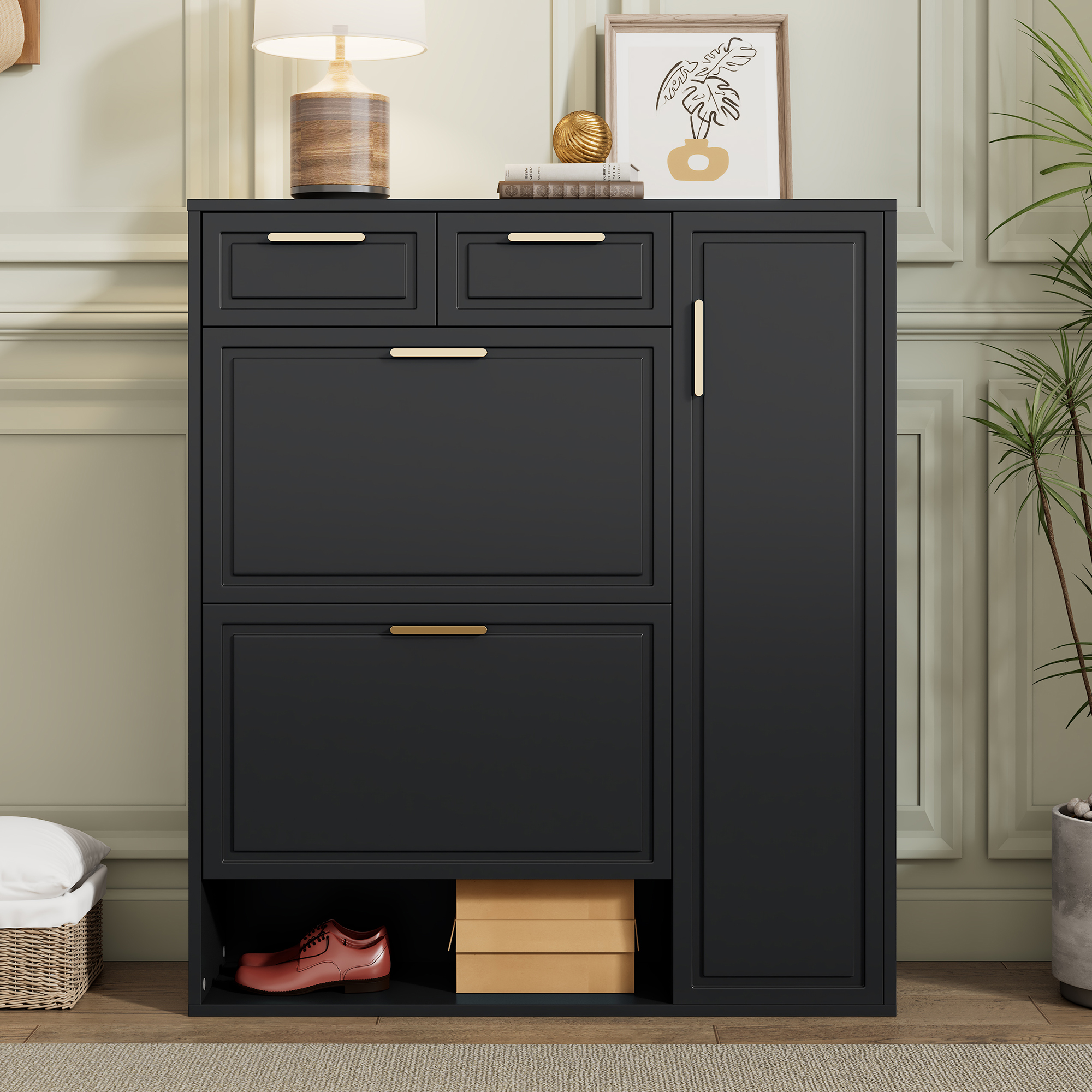 Meuble à chaussures noir 95x24x107 cm, placard avec portes rabattantes et tiroirs, étagères ajustables, structure en panneaux de particules