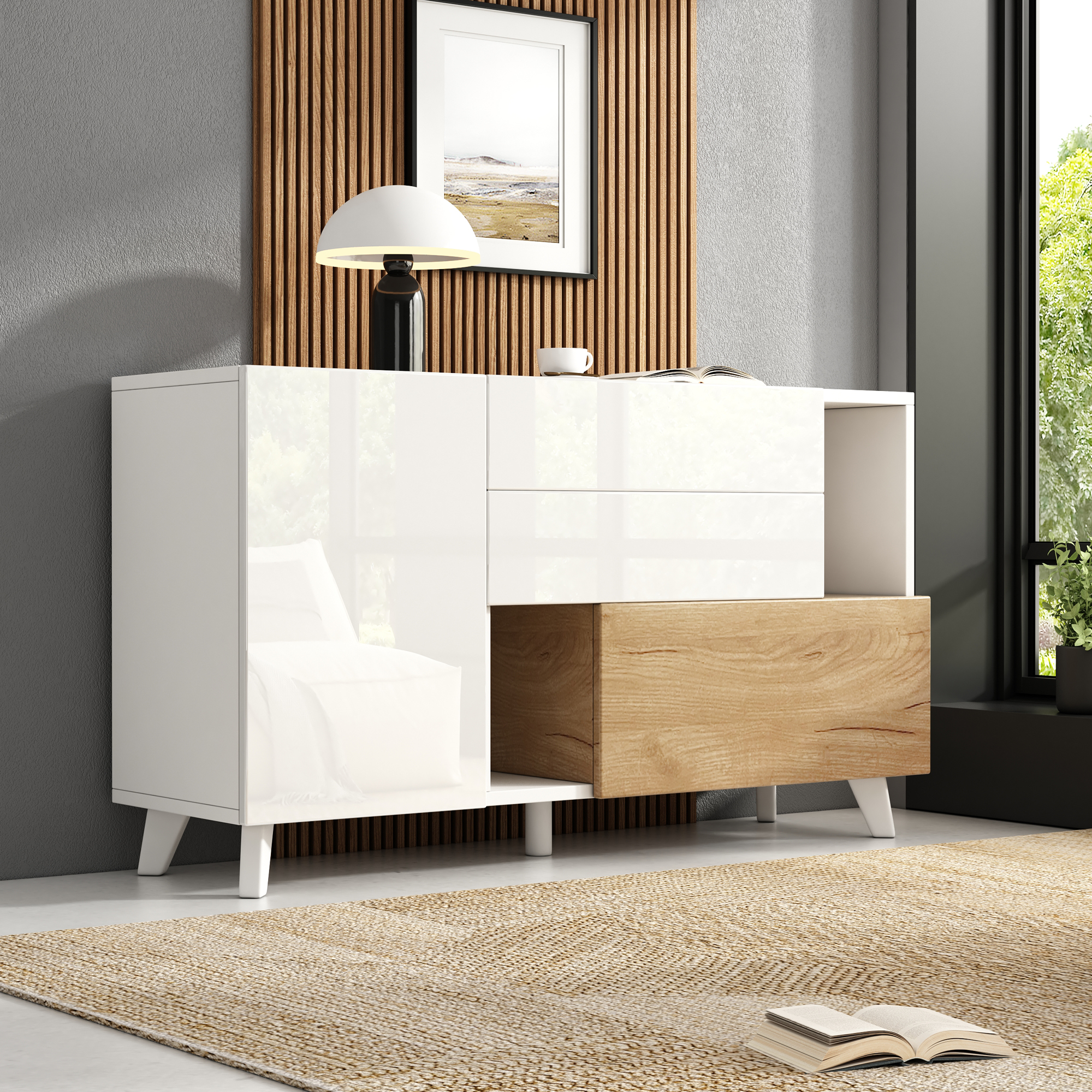 Buffet Contemporain Blanc Brillant et Bois Naturel, Meuble Rangement avec Tiroirs et Porte Abatante pour Petit Espace