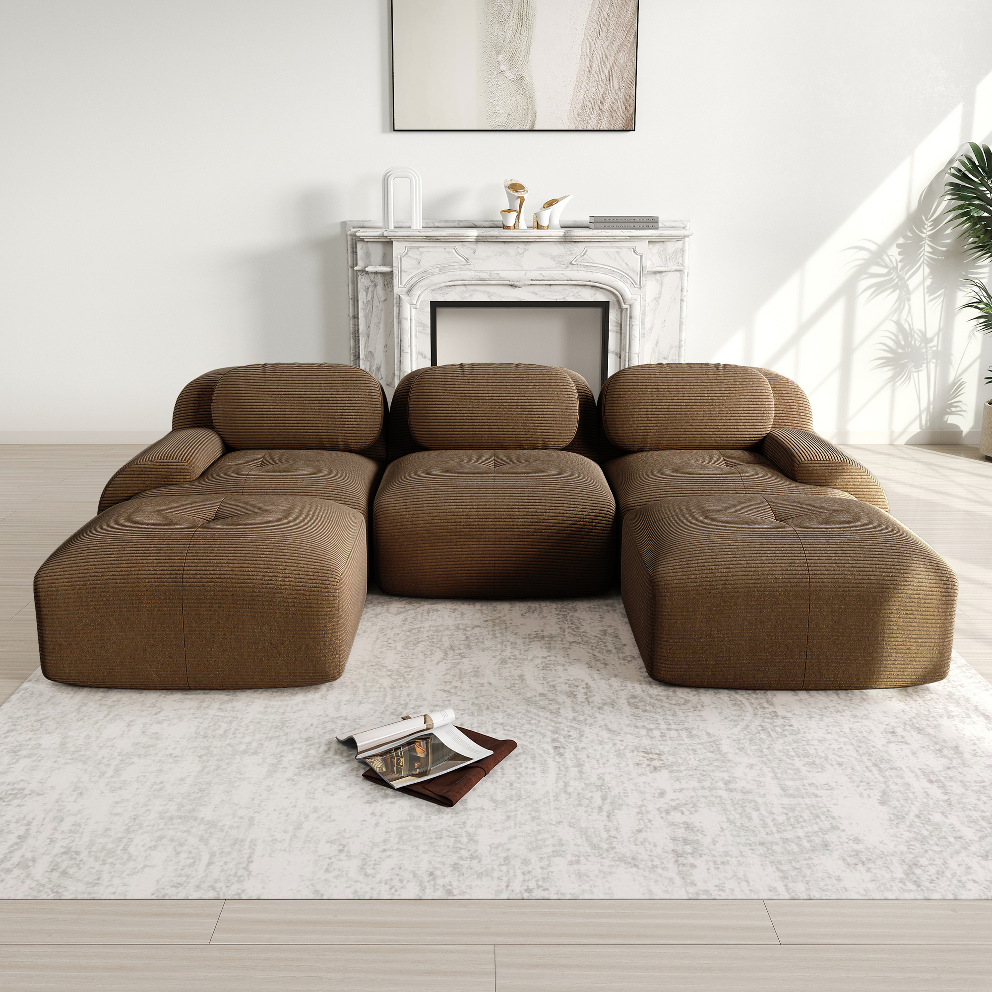Canapé d'angle en velours côtelé marron sans cadre mousse 32D accoudoirs larges 298x178x70 cm antidérapant