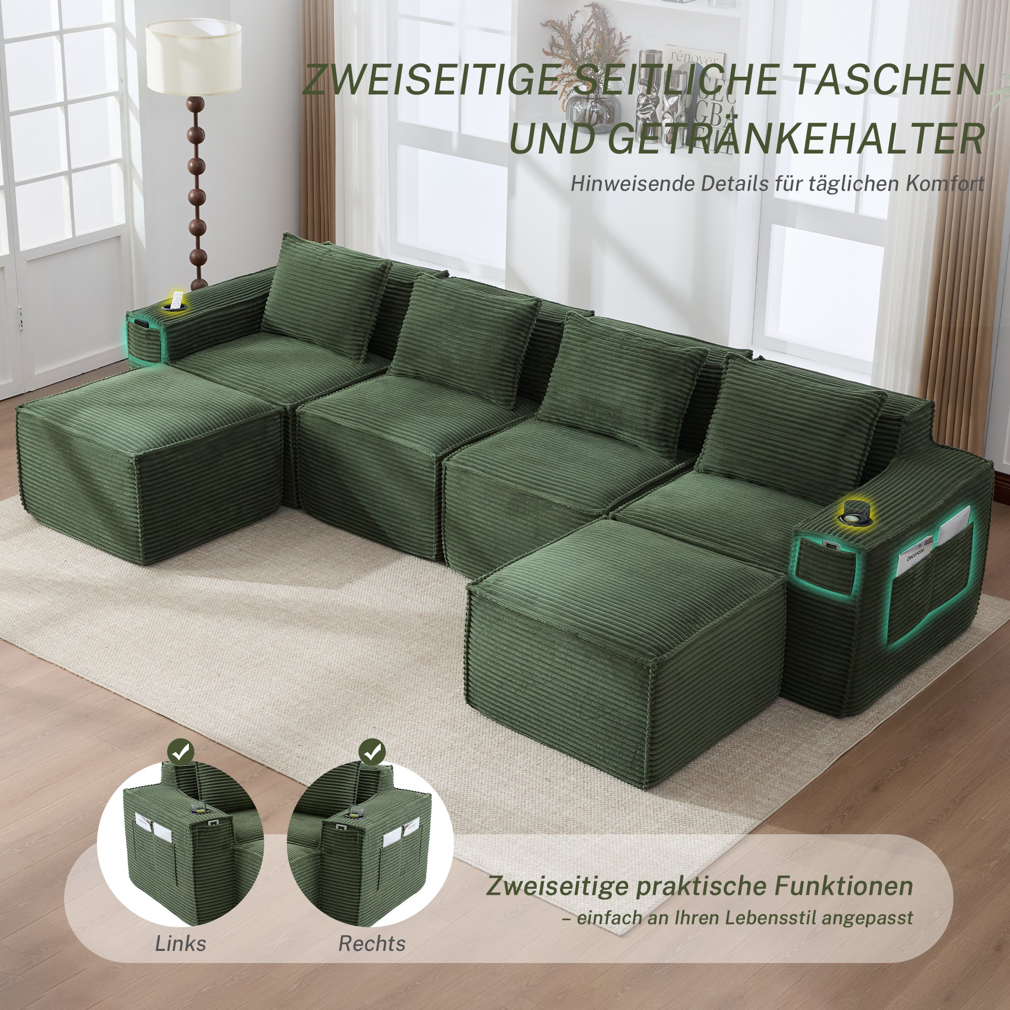 Canapé modulable 4 places vert en tissu corduroy avec 2 poufs, porte-gobelets intégrés, poches latérales et coussins dorsaux fermes, sans montage requis