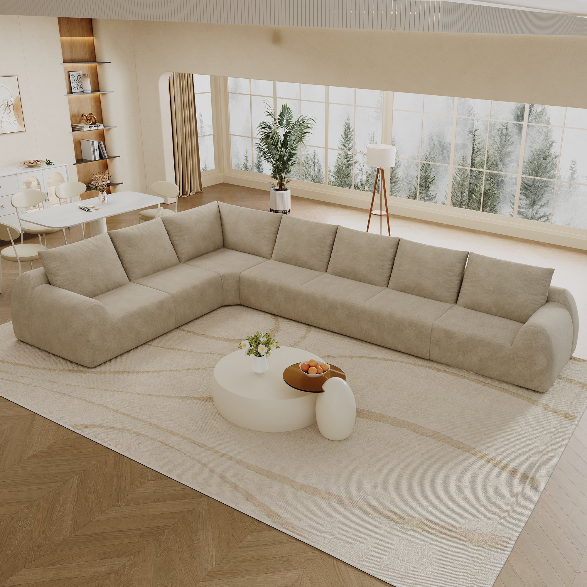 Canapé droit 401x267x85 cm en tissu chenille kaki avec mousse haute élasticité, structure sans montage pour salon et chambre