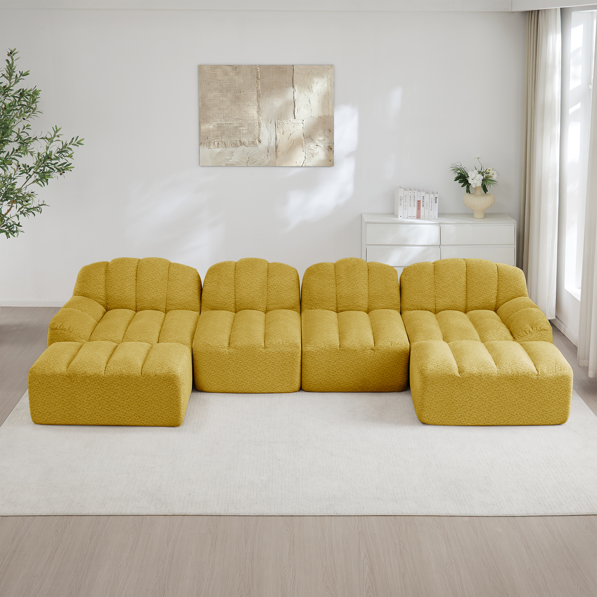 Canapé modulable panoramique en U 4 places avec 2 ottomans, structure sans dossier et assise profonde pour grand salon