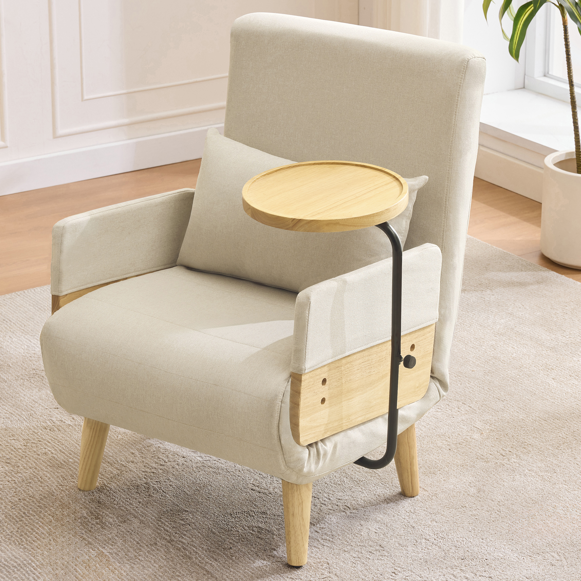 Lit d'appoint convertible en tissu effet lin beige, cadre métallique et pieds en bois massif, dossier inclinable